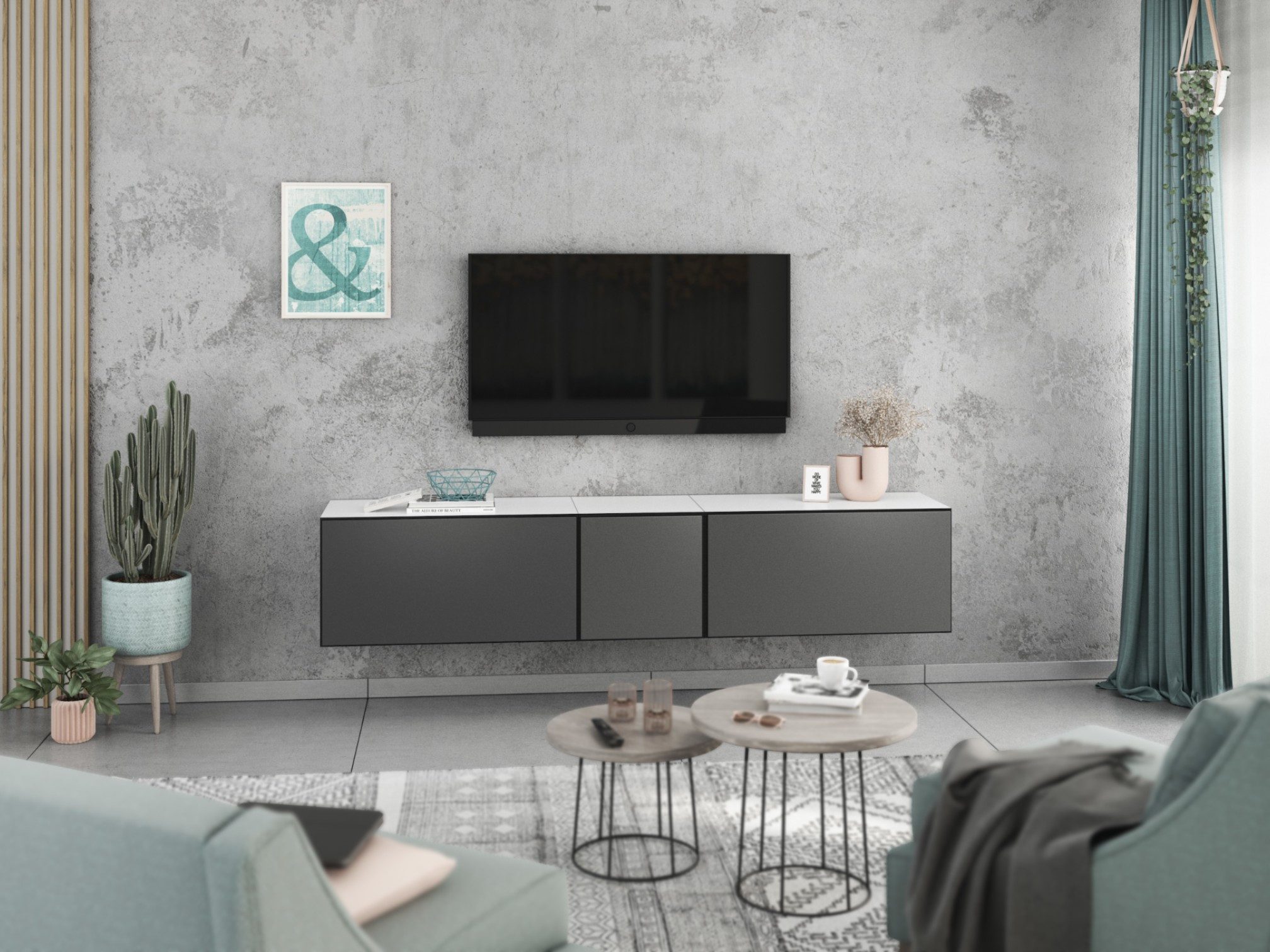 moebel-dich-auf Lowboard VARIANTO 3 (3 tlg., 190 cm breit, TV-Board bestehend aus 2x Schränken mit Klappe und 1x Schrank mit Tür), stehend und hängend