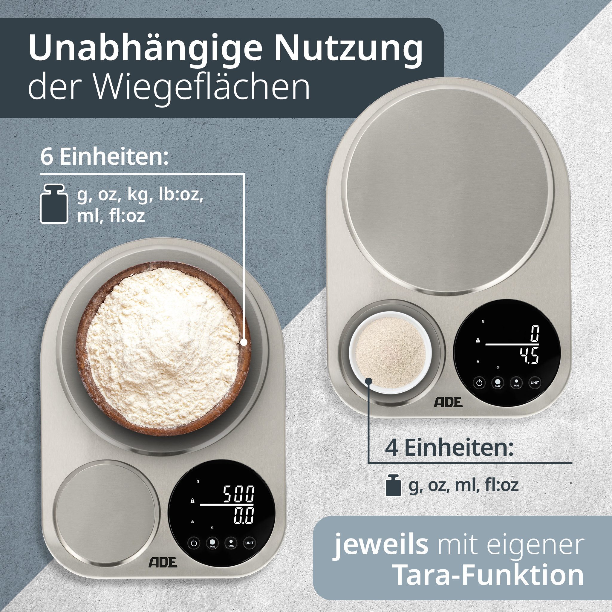 ADE Küchenwaage digital mit 2 Wiegeflächen 5kg/1g & 500g/0,1g, milligrammgenaue Waage für das Backen von Brot, Pizza, AAA Batterien