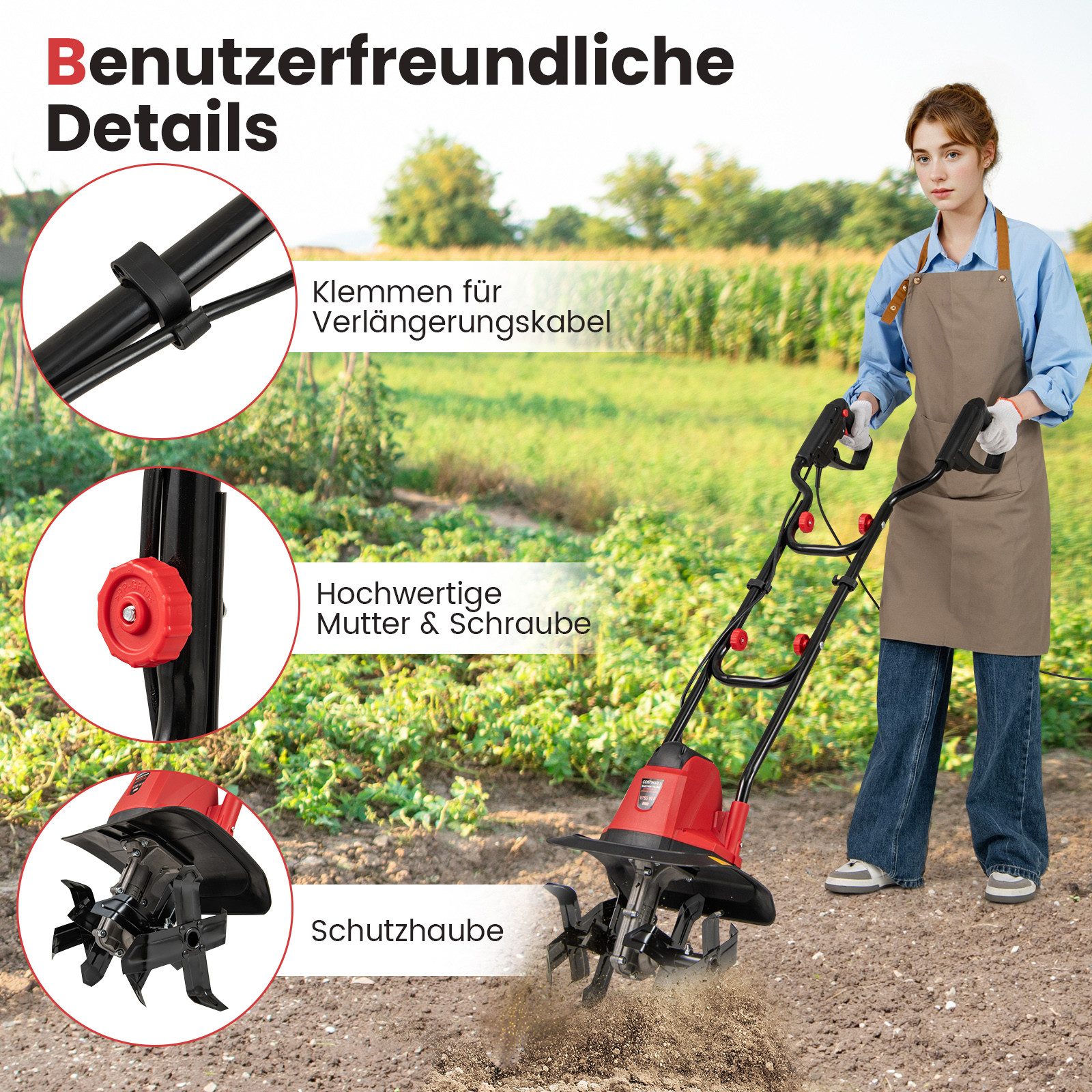 KOMFOTTEU Elektromotorhacke, klappbarer Bodenhacke, 750W, 380 U/min