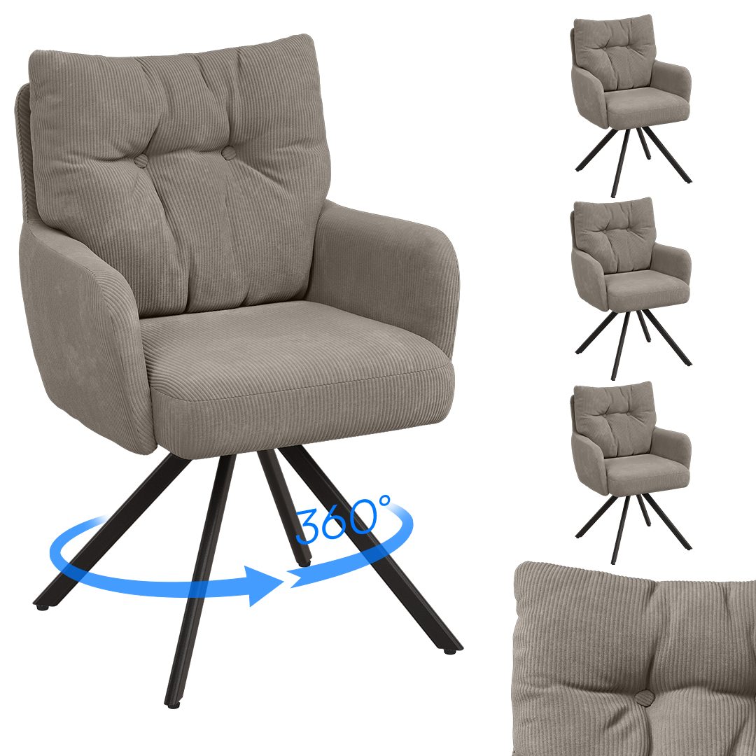 skølm Esszimmerstuhl Arvakr, Armlehnstuhl mit Metallgestell, 360° drehbar, gepolstert    (Macchiato, 4 St), Drehstuhl aus Cord, Polsterstuhl bis 120 kg