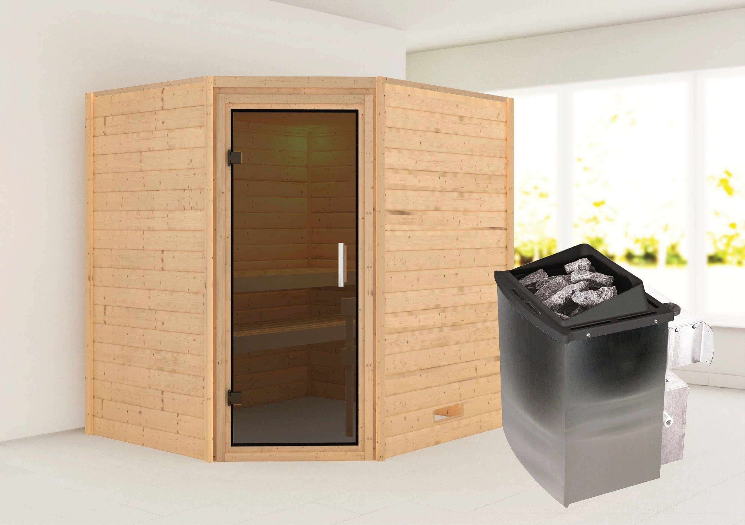 Karibu Sauna Mia (Fronteinstieg), BxTxH: 1960 x 1700 x 1980 cm, 38 mm, Ofen 9 kW integr. Strg