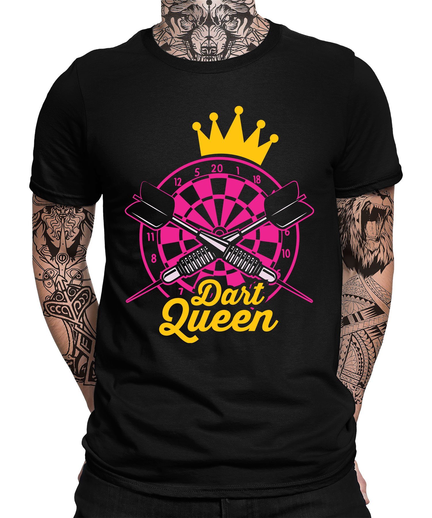Queen T-Shirt (1-tlg) Dartscheibe Formatee Kurzarmshirt Quattro Dartpfeil Dart - Schwarz Dartspieler Herren
