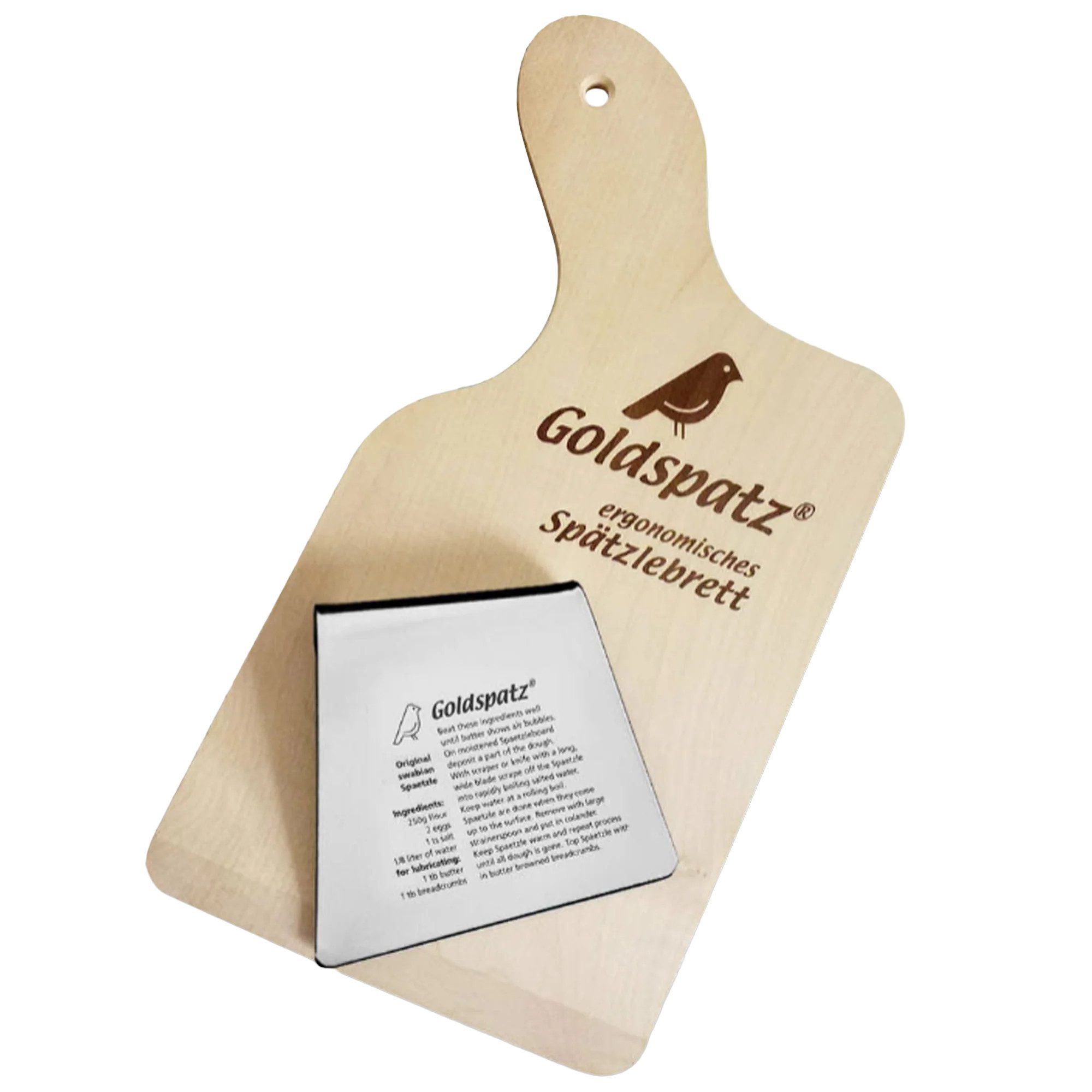 Goldspatz Spätzlereibe Goldspatz Ergonomisches Spätzlebrett mit Spätzleschaber, Edelstahl, Goldspatz Ergonomisches Spätzlebrett mit Spätzleschaber, Edelstahl - Rezept Eingraviert Englisch (Schaber), (Kochset, Küchenset, Spätzleset, Schaber mit oder ohne Gravur erhältlich), Ergonomisches Spätzlebrett mit Edelstahlschaber und Rezept