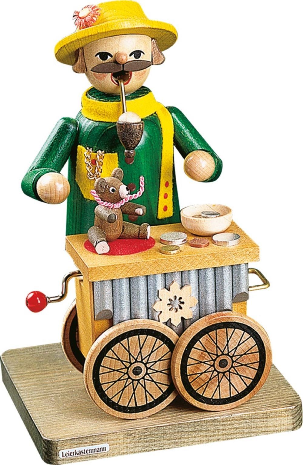 Richard Glaesser Erzgebirge mit Räuchermännchen Handwerkskunst Höhe original Spielwerk, Leierkastenmann 17cm
