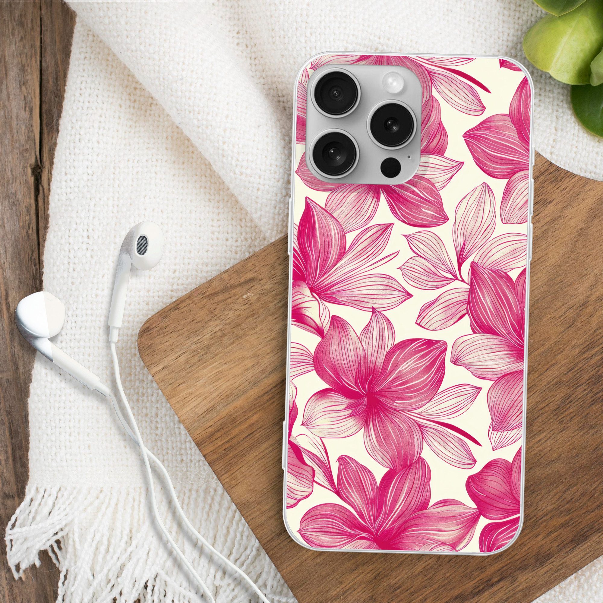 MuchoWow Handyhülle für Apple iPhone 16 Pro Max Blumen - Muster - Rosa - Weiß, Smartphone-Bumper, Print, Handy Schutzhülle Dünn
