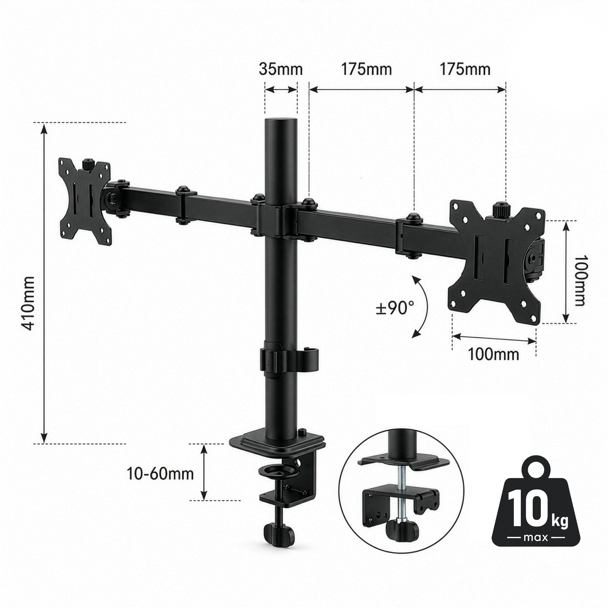 Kubus Monitor-Halterung höhenverstellbar mit Tischklemme, passend für 15-32 Zoll, (bis 32 Zoll, Monitorhalterung inkl. Montagematerial und Werkzeug, Werkzeughalter integriert, Kabelmanagement)