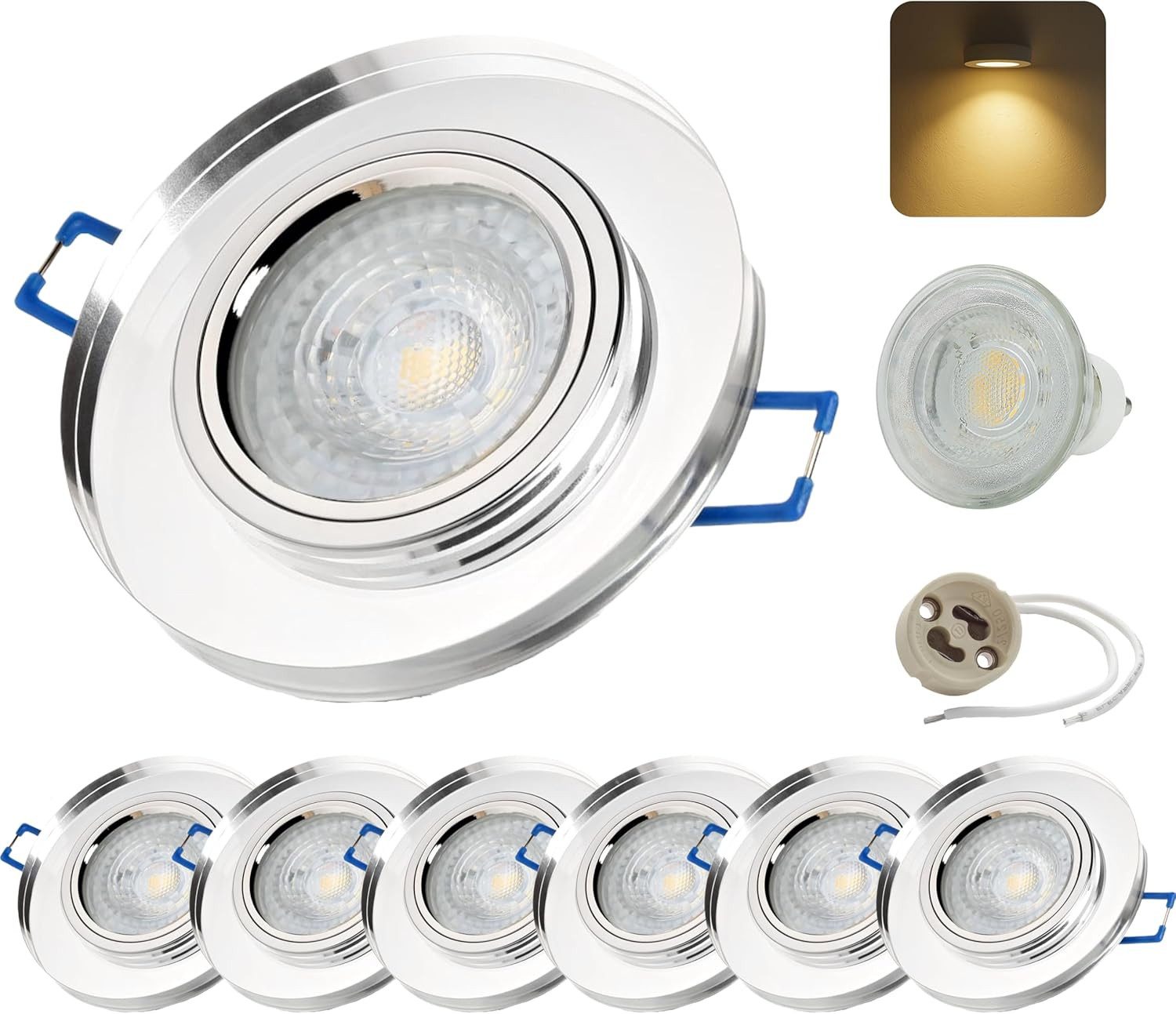 Sweet LED LED Einbaustrahler 6er SET Glas GU10 530lm 7W 230V LED Deckenspots 3000K Transparent Rund, 3000K, Warmweiß, Deckenspots, Ø 90 mm, Einbauleuchten