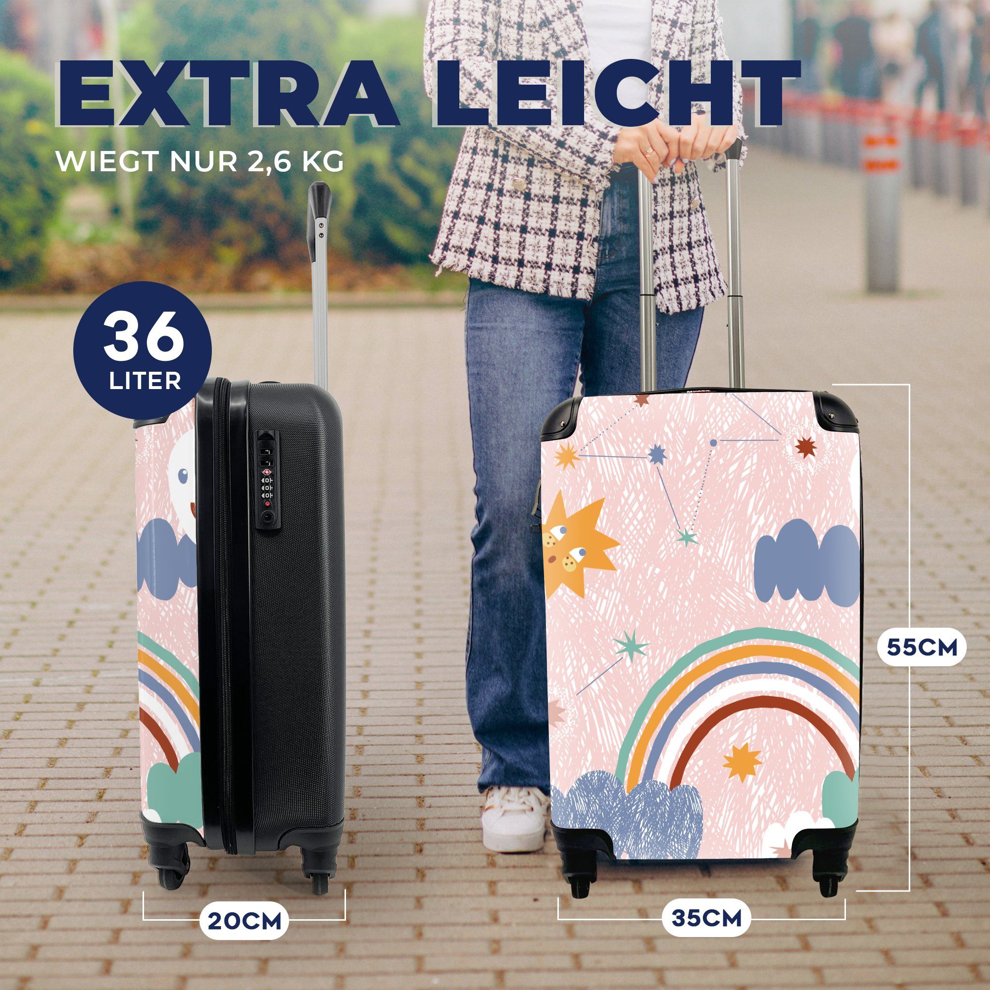 MuchoWow Handgepäckkoffer Regenbogen - Kinder - Wolken, 4 Rollen, Reisetasche mit rollen, Handgepäck für Ferien, Trolley, Reisekoffer