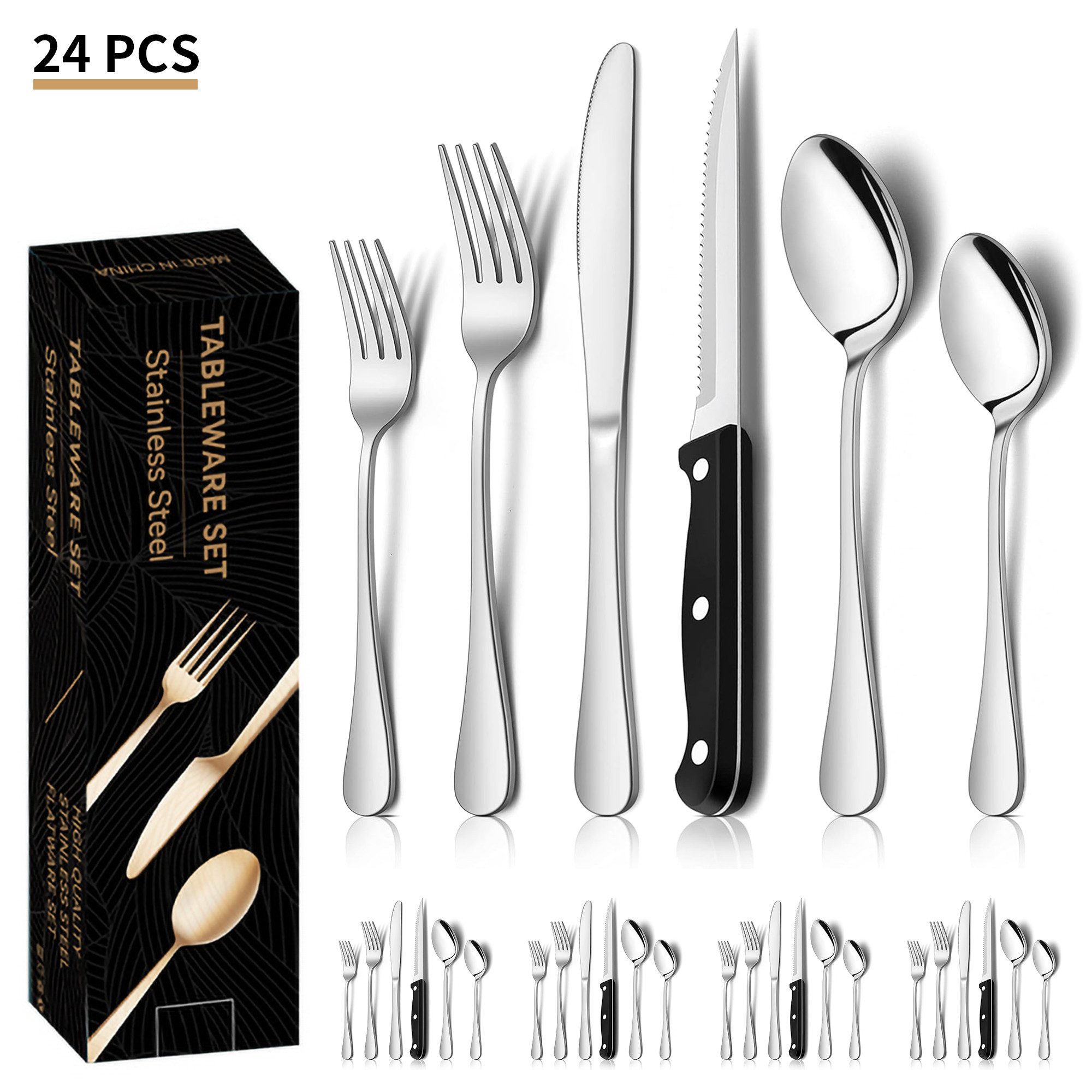 walkbee Besteck-Set Besteck Set für 4 Personen,24teiliges Edelstahl Essbesteck&Steakmesser, 4 Personen, Elegantes/Modernes Besteckset,Besteck Set für Restaurant,Hotel,Zuhause