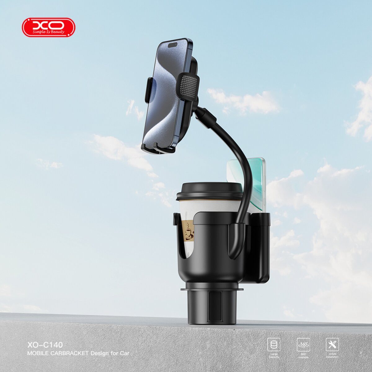 XO Smartphone-Halterung C140 Handyhalterung Schwarz mit flexiblem Arm und Getränkehalter, (bis 6,9 Zoll, Einzelartikel, Einzelartikel, Flexible Halterung mit zu – Bild 2 von 5