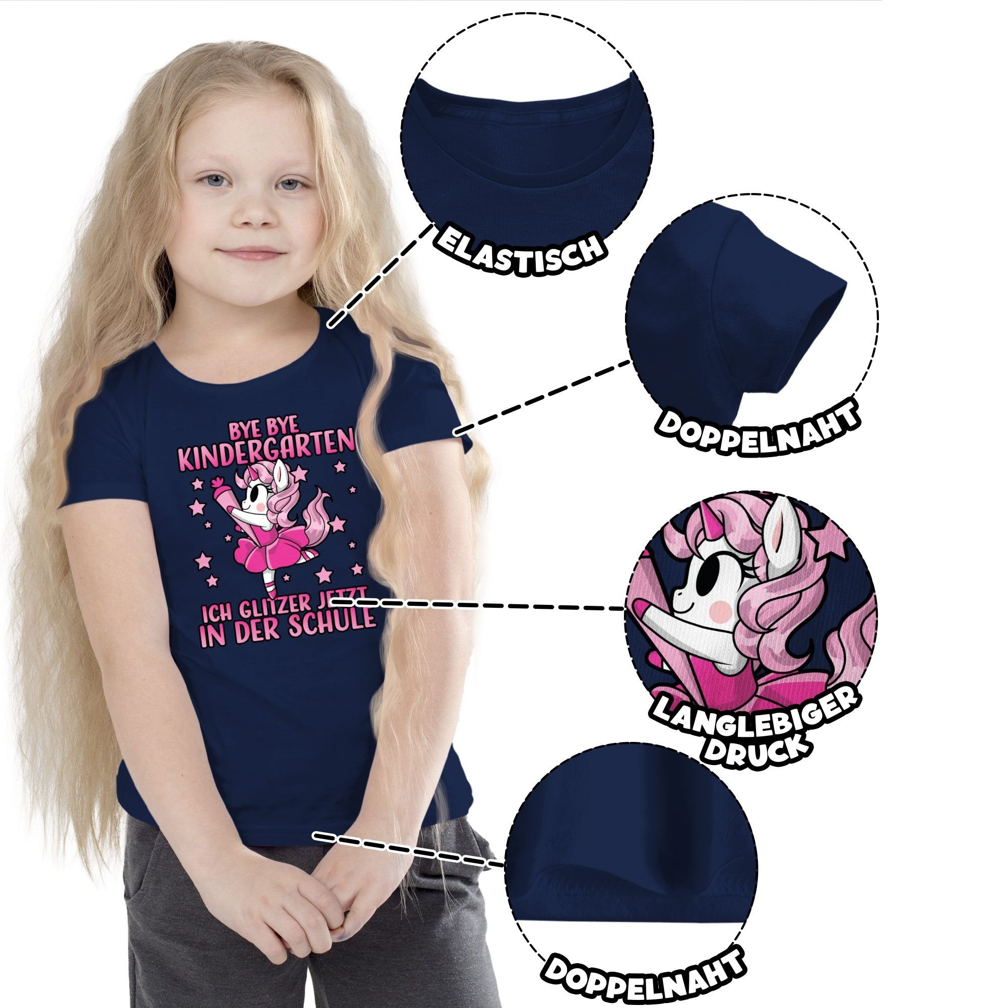 glitzer mit Navy Blau der in Kindergarten Einschulung T-Shirt Einhorn Schule Pin Bye - jetzt Shirtracer Mädchen ich Bye 1