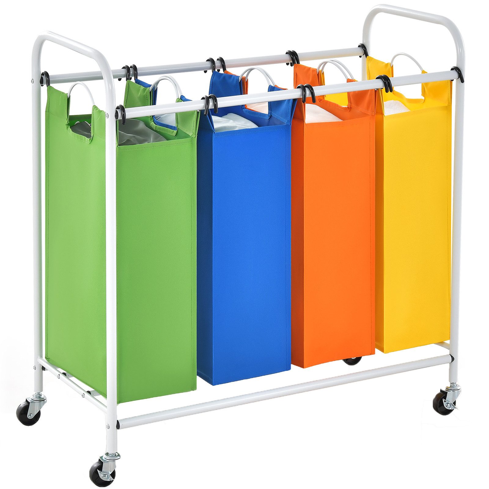 COSTWAY Wäschekorb, 4 Fächer, 136L, auf Rollen, Metallrahmen, 82 x 30 x 85 cm