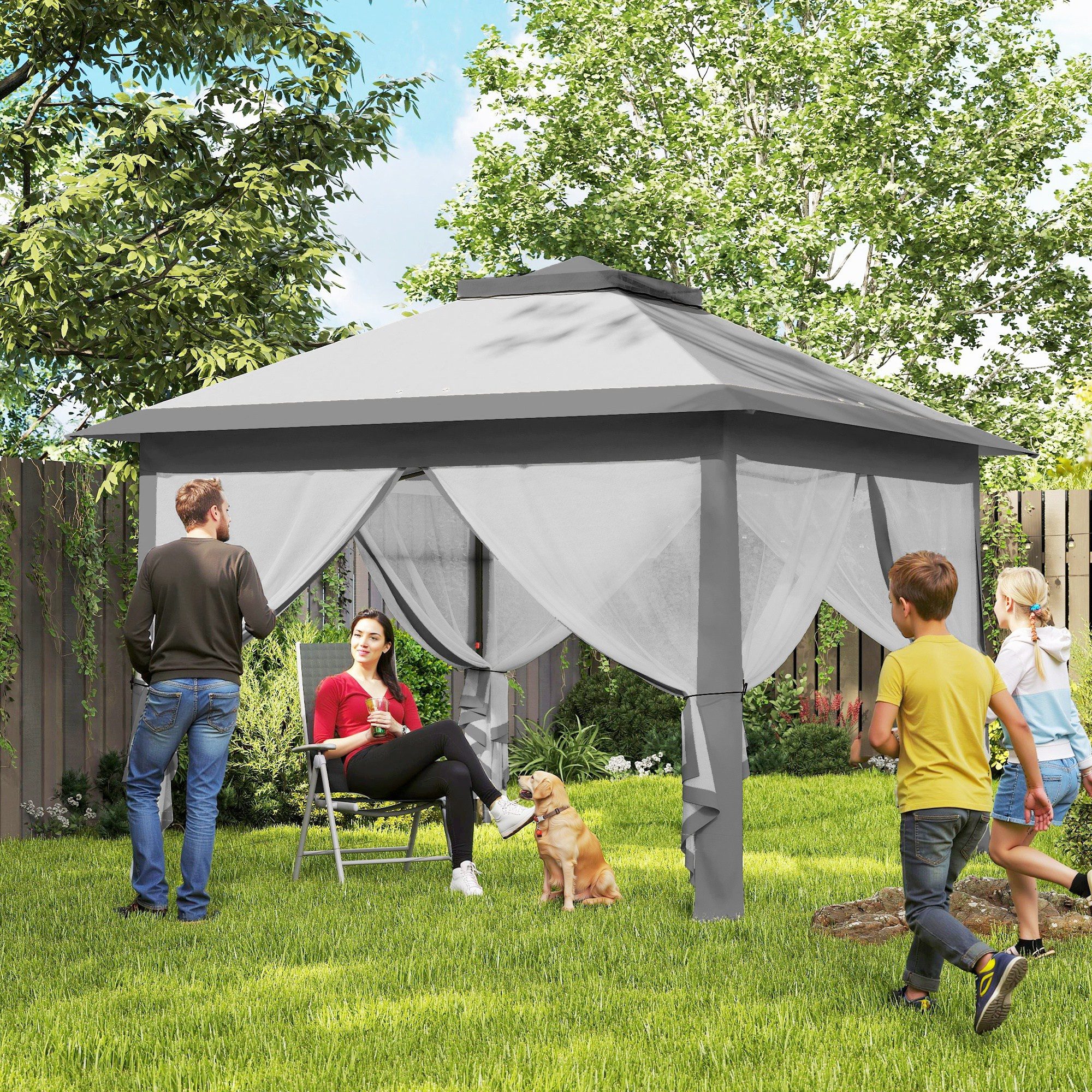 Outsunny Faltpavillon 3,3x3,3m, wasserabweisend Winterfest, mit Doppeldach, UV Schutz, mit 4 Seitenteilen, (Pop-up Pavillon, Partyzelt), mit Tasche, für Camping, Garten, Grau