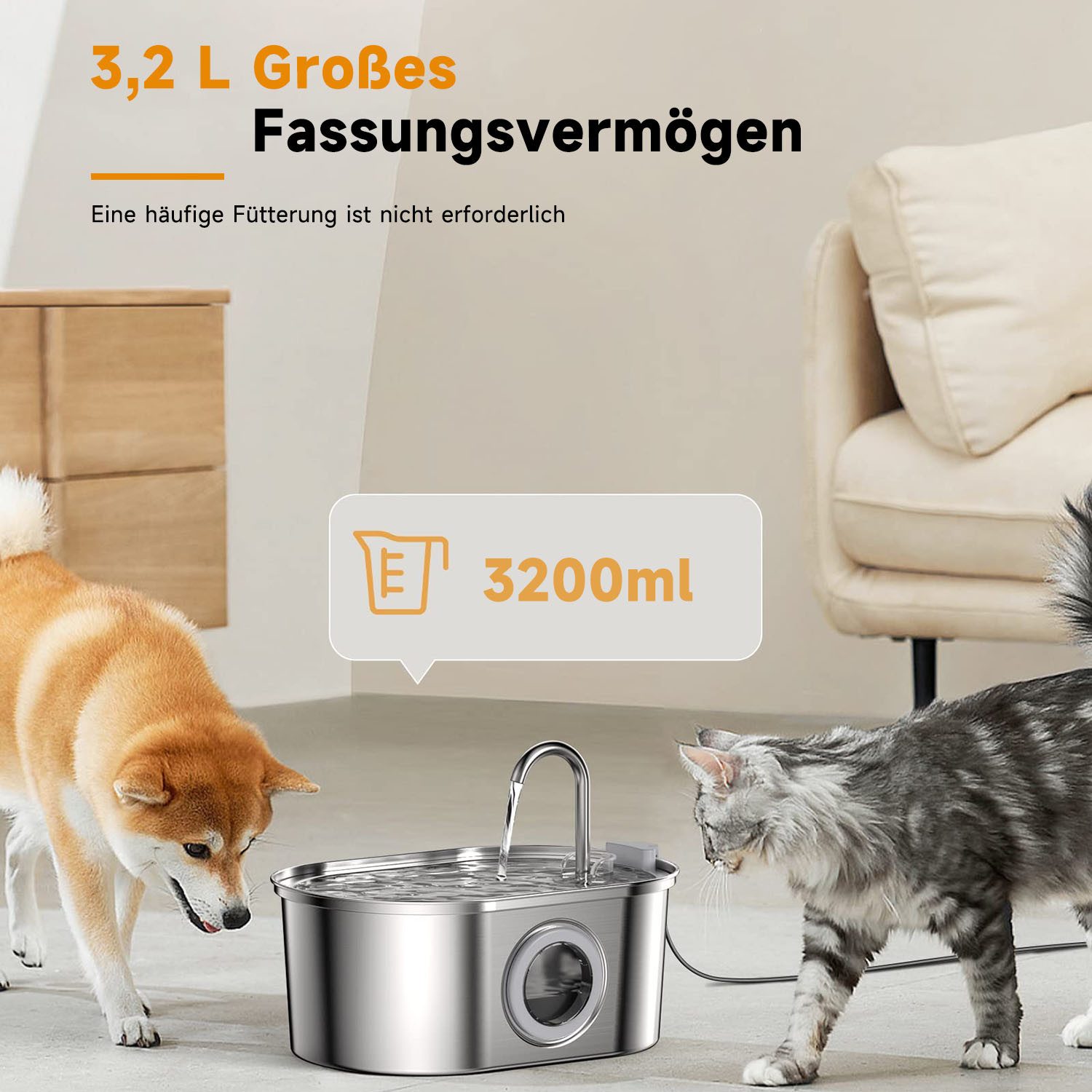 AIMAX Trinkbrunnen Katzenbrunnen Trinkbrunnen für Katze Wasserbrunnen 3,2 L Edelstahl, Cat Water Fountain Wasserfall Wasserhahn-Design für Katze Kleinhunde
