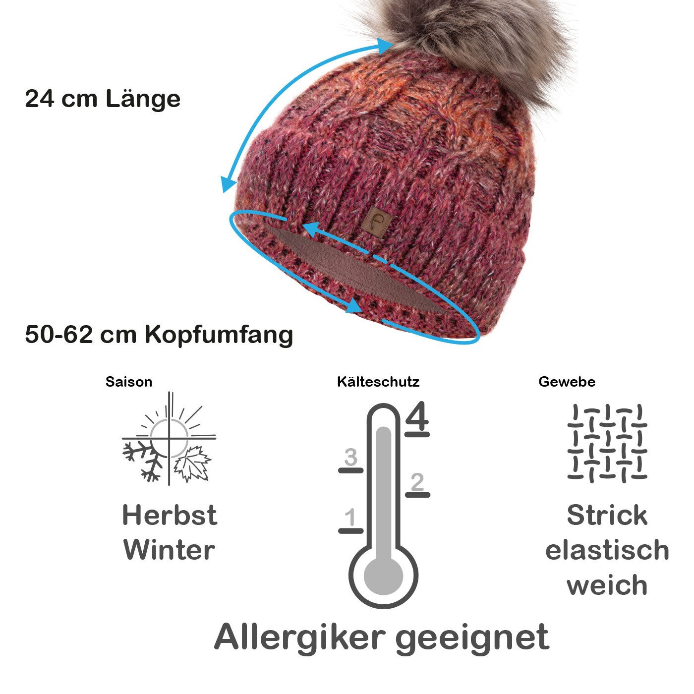 Faera Bommelmütze Wintermütze Damen Herren Mütze Beanie Haube gefüttert Bommelmütze