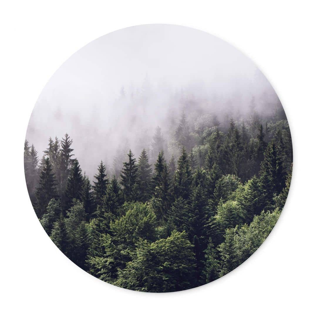 K&L Wall Art Poster Wandbild Poster Rund Vintage Schwarzwald Kunstdruck Nebliger Wald, Wohnzimmer Fotokunst modern