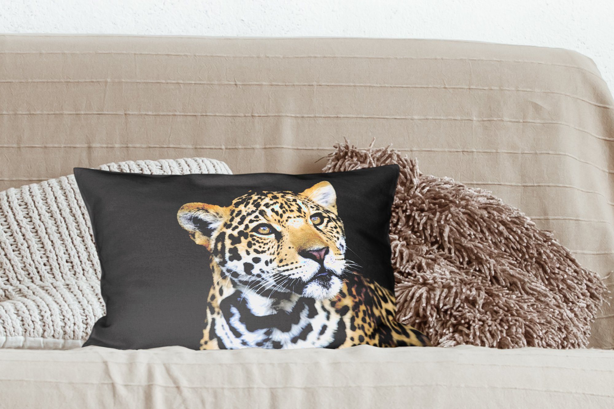 Schlafzimmer Zierkissen, MuchoWow - Wohzimmer Wald, Dekokissen mit Füllung, Dekokissen Dekoration, Kopf - Leopard