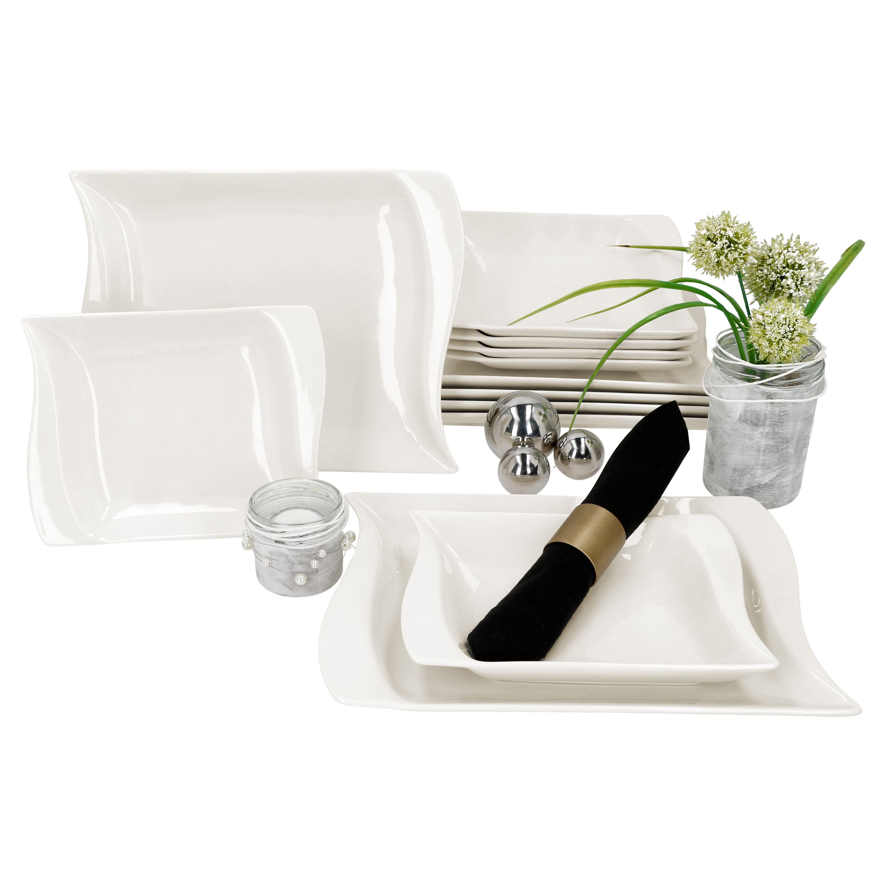 MamboCat Столовый сервиз 12tlg Столовый сервиз Ivory Porzellan 6 Pers. Speiseteller Suppenteller, Porzellan