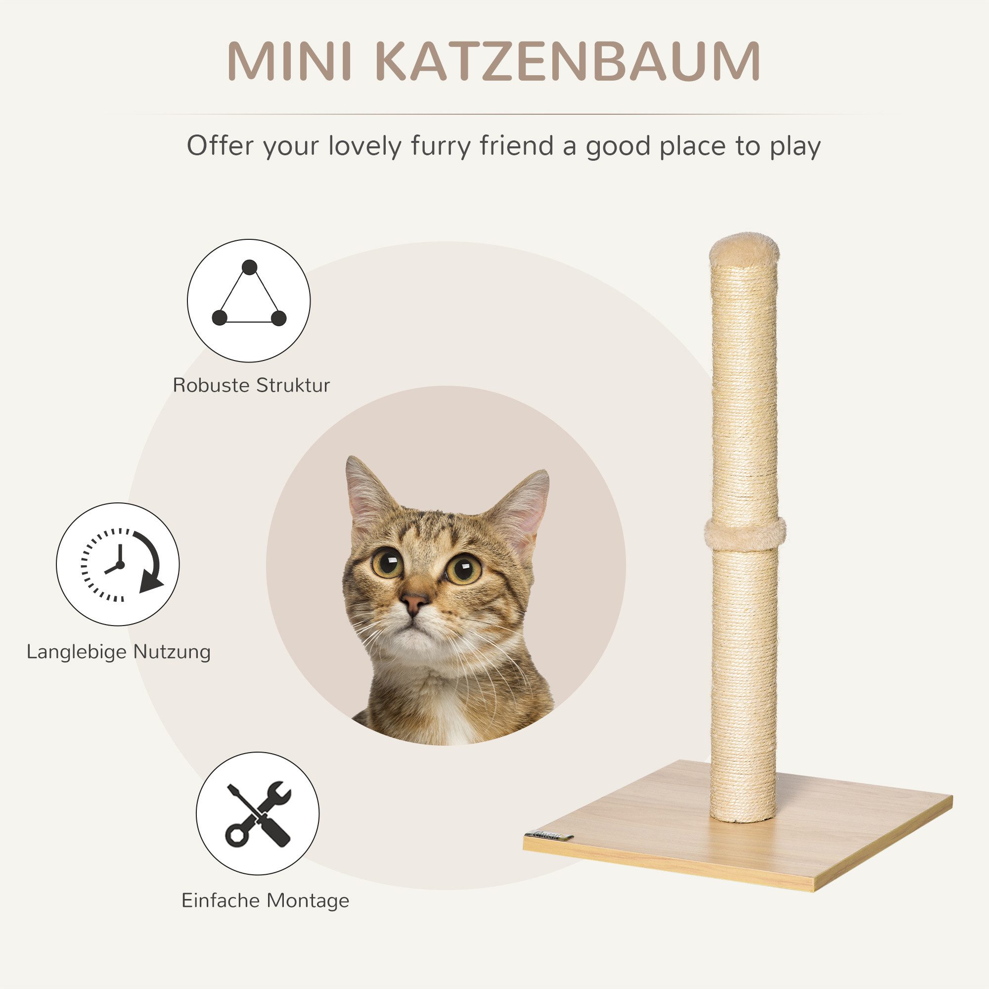 furnicato Kratzbaum Mini-34x34x60 cm Beige+Eiche für Katzen bis 5 kg, Kratznapf mit Sisalseil zum Möbel-Schutz für kleine Hauskatzen