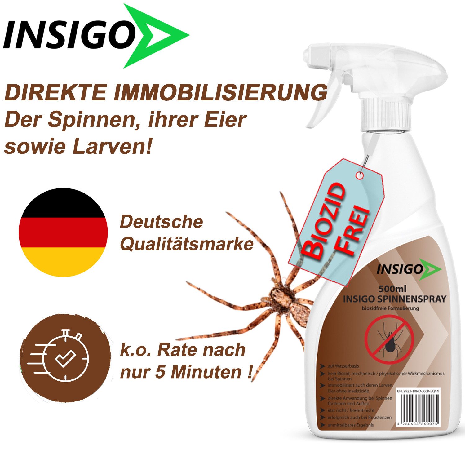 INSIGO Insektenspray Spinnen-Spray Hochwirksam gegen Spinnen, 0.75 l, biozidfreie Formel, auf Wasserbasis, geruchsarm, brennt / ätzt nicht