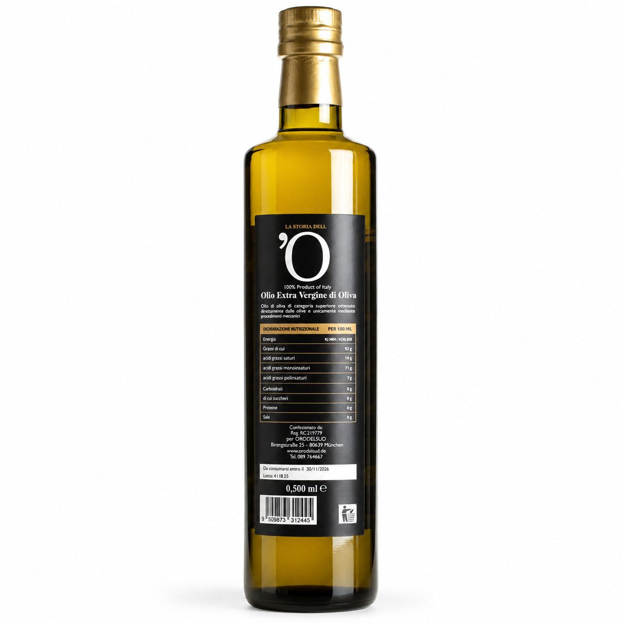 Orodelsud Speiseöl Natives Olivenöl Extra Vergine 500 ml – Kalabrien, 1 x 455 g, 0,5 l, 500 ml, 1 St. (Packung), Kalt gepresst,Nativ Extra Vegan Ohne Zusatzstoffe