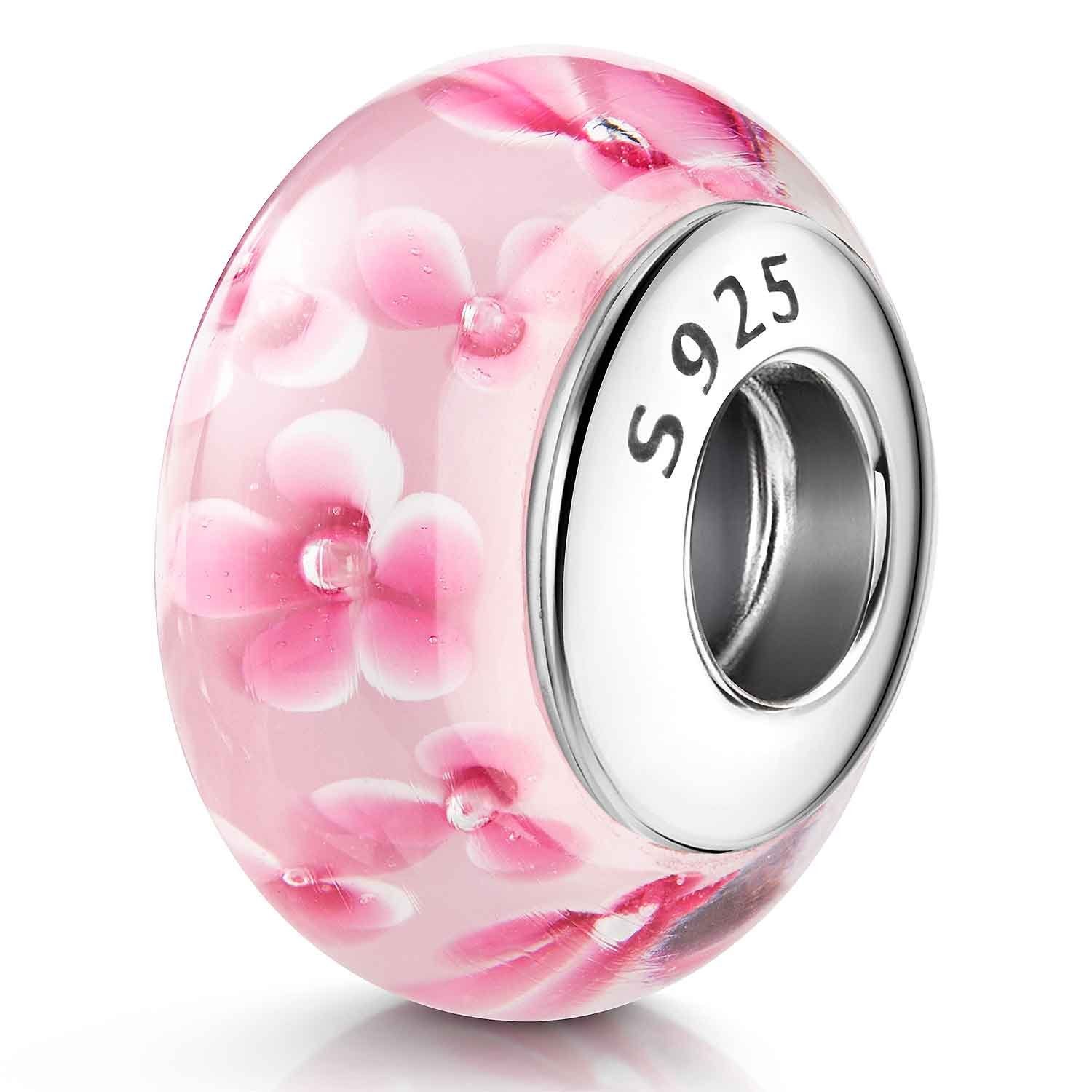 Materia Bead Glasperle Blüten Muster Blumen Rosa Pink 1059, Kern aus 925 Sterling Silber