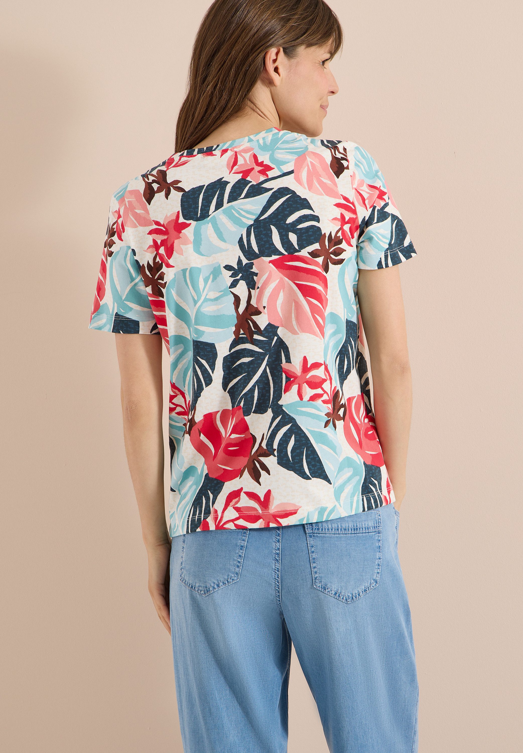 CECIL Kurzarmshirt Sommershirt mit Rundhals und Blätterprint