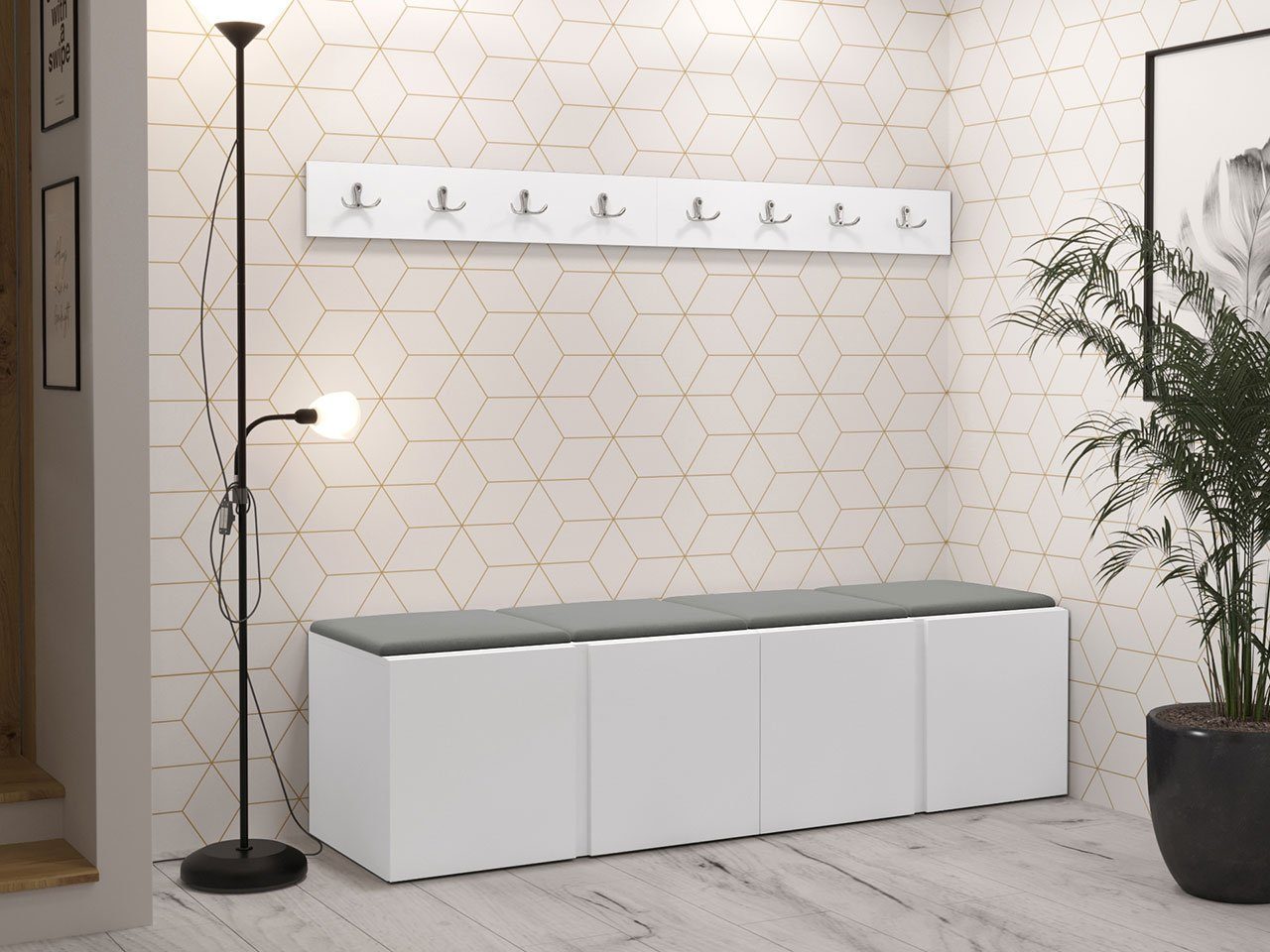 MIRJAN24 Garderoben-Set Orion VII, (Komplett-Set, 2x Schuhschrank, 2x Kleiderhakenbrett, Gepolstertes Paneel 4x 42x42), Auswahl aus Fronten und Polsterplatten