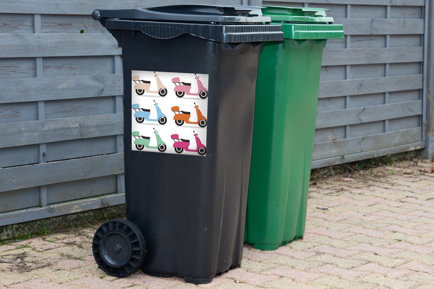 MuchoWow Wandsticker Illustrationen von St), Sticker, Mülltonne, Container, (1 verschiedenen Farben Motorrollern in Abfalbehälter Mülleimer-aufkleber