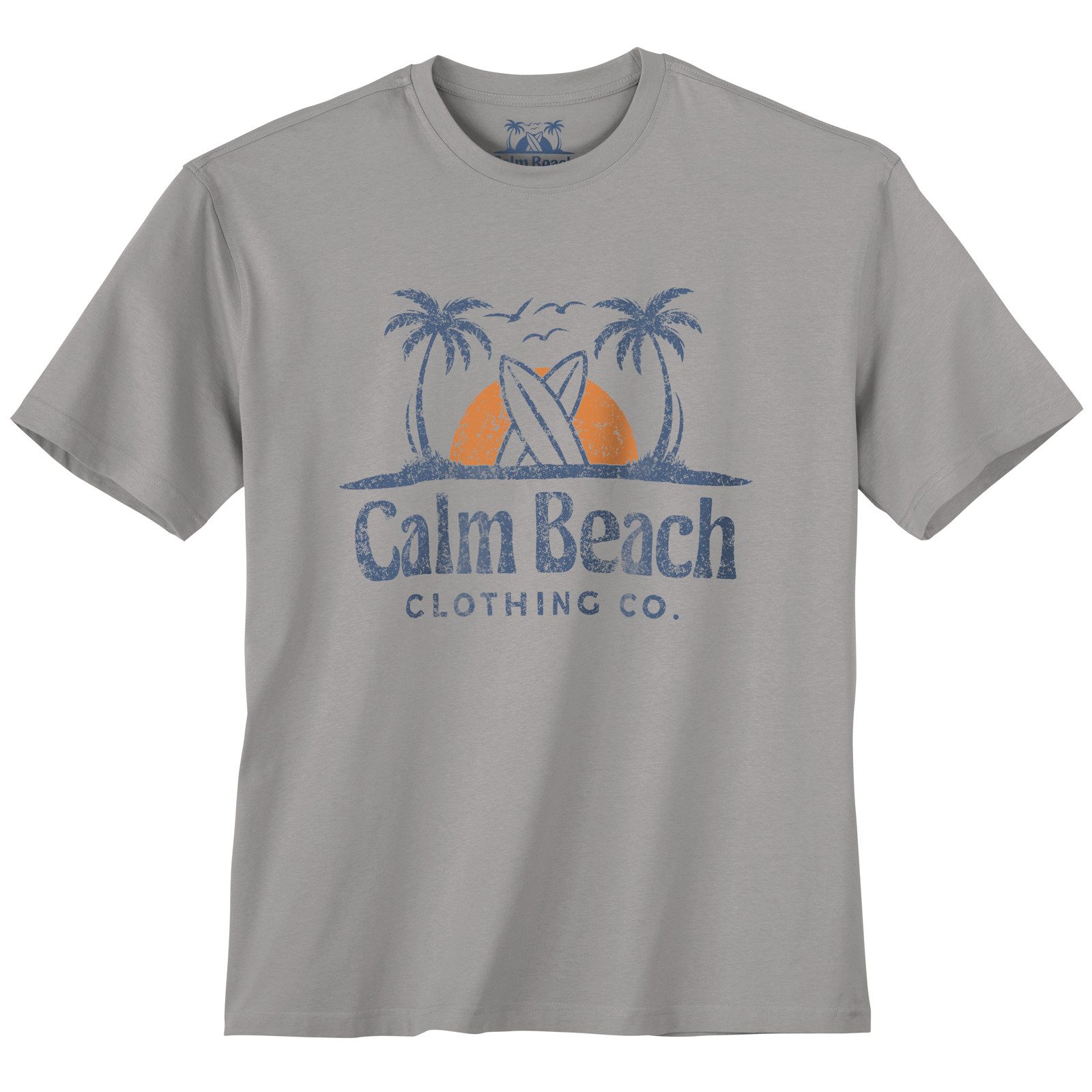 Print-Shirt Calm Beach Übergrößen T-Shirt grau Logoprint Palmen