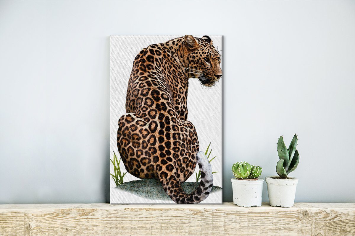 Illustration Leinwandbild 20x30 cm Zackenaufhänger, OneMillionCanvasses® Gemälde, Eine Leoparden, (1 eines sitzenden bespannt inkl. St), Leinwandbild fertig