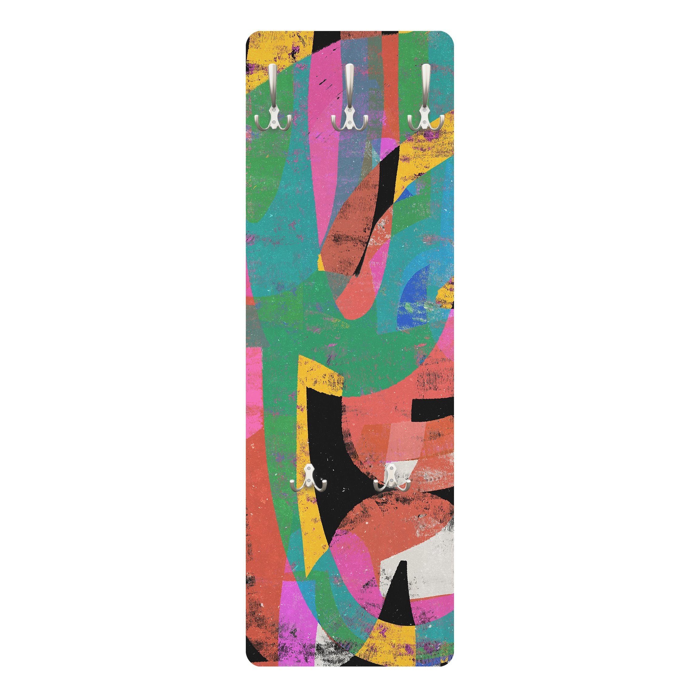 Bilderdepot24 Garderobenpaneel bunt Pop Art Farbenfrohe Formen Design (ausgefallenes Flur Wandpaneel mit Garderobenhaken Kleiderhaken hängend), moderne Wandgarderobe - Flurgarderobe im schmalen Hakenpaneel Design