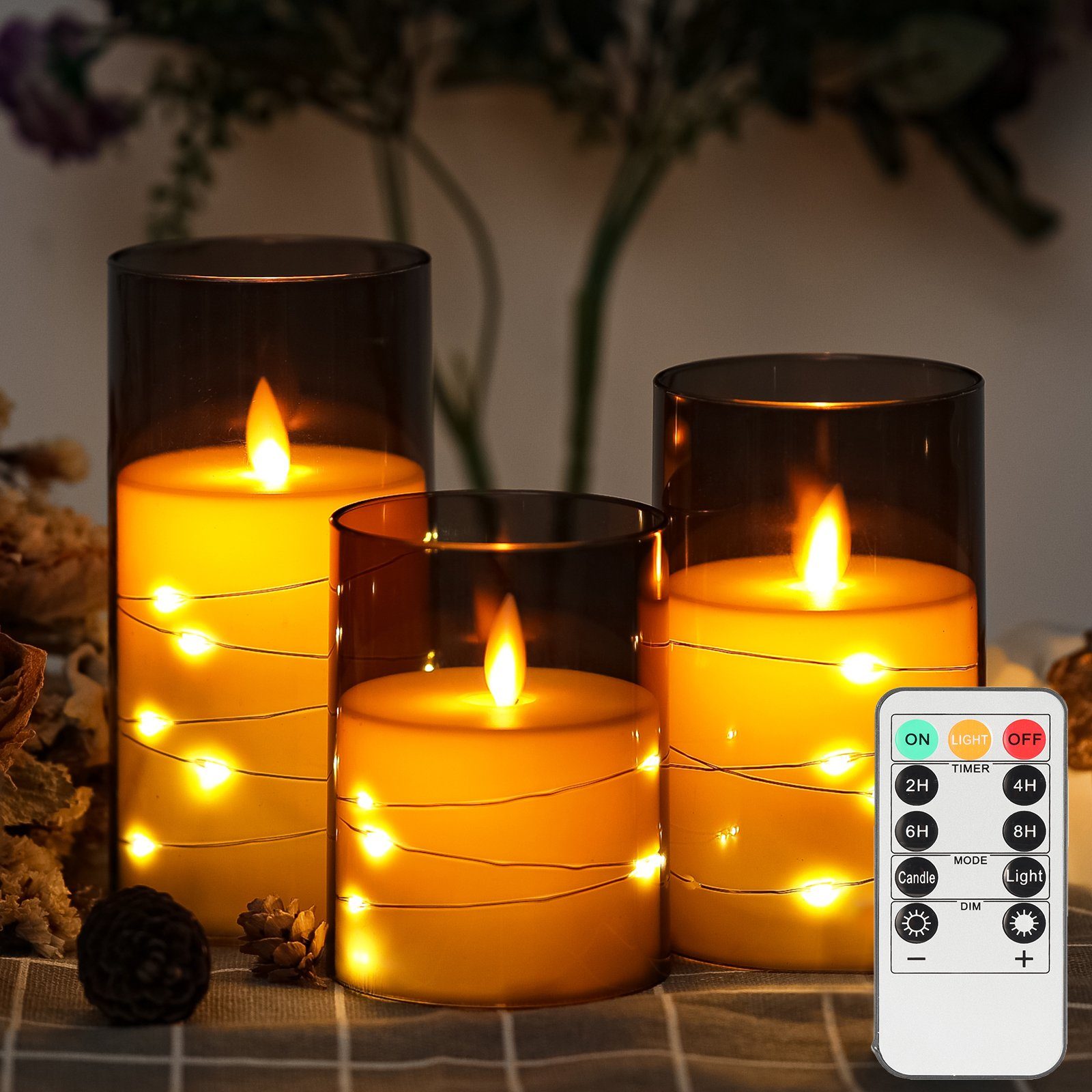 oyajia LED-Kerze 3er Set Flammenlose LED Kerzen, Flackernd mit  Fernbedienung und Timer, 3D-Docht, Batteriebetrieben, Realistisch Flackernde,  Graue Kerze Deko