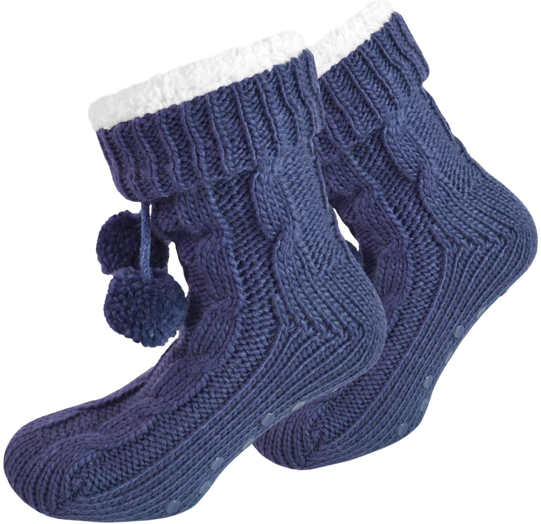 normani Kuschelsocken Strick-Hausschuhe mit Bommeln und ABS (1 Paar) dickes, kuscheliges Futter Marine