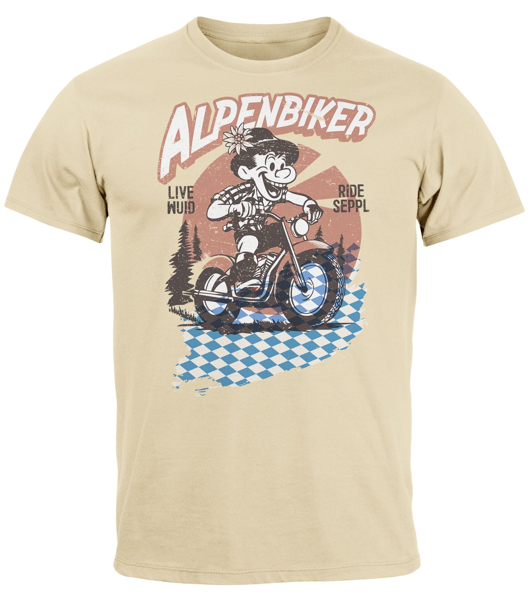 Print-Shirt Herren T-Shirt Alpen Biker Bayern Blau-Weiss Tracht-Shirt Retro