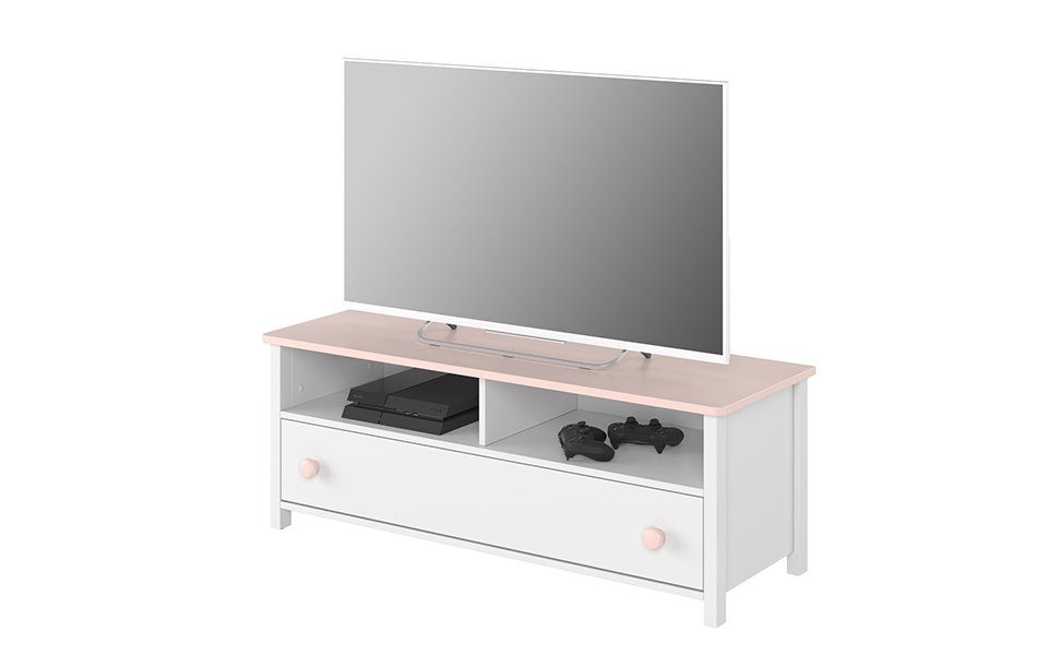 TV-Schrank für Mädchen LARA mit Schubladeim in modernem Design, Weiß und Rosa