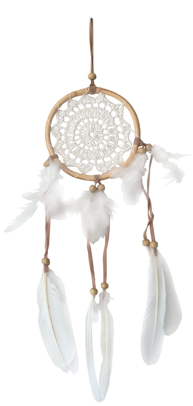 Saraswati Traumfänger Traumfänger Rattan mit Netz gehäkelt, weiss 12cm, Gesamtlänge 14x50cm