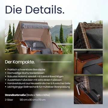 DERKORB Strandkorb Der Kompakte 2-Sitzer, Grau Weiß Gestreift, BxTxH: 120x80x170 cm, Volllieger, Ostsee-Modell, Robustes Material, Wetterfestes Polyrattan, Liegepositionen-170 Grad