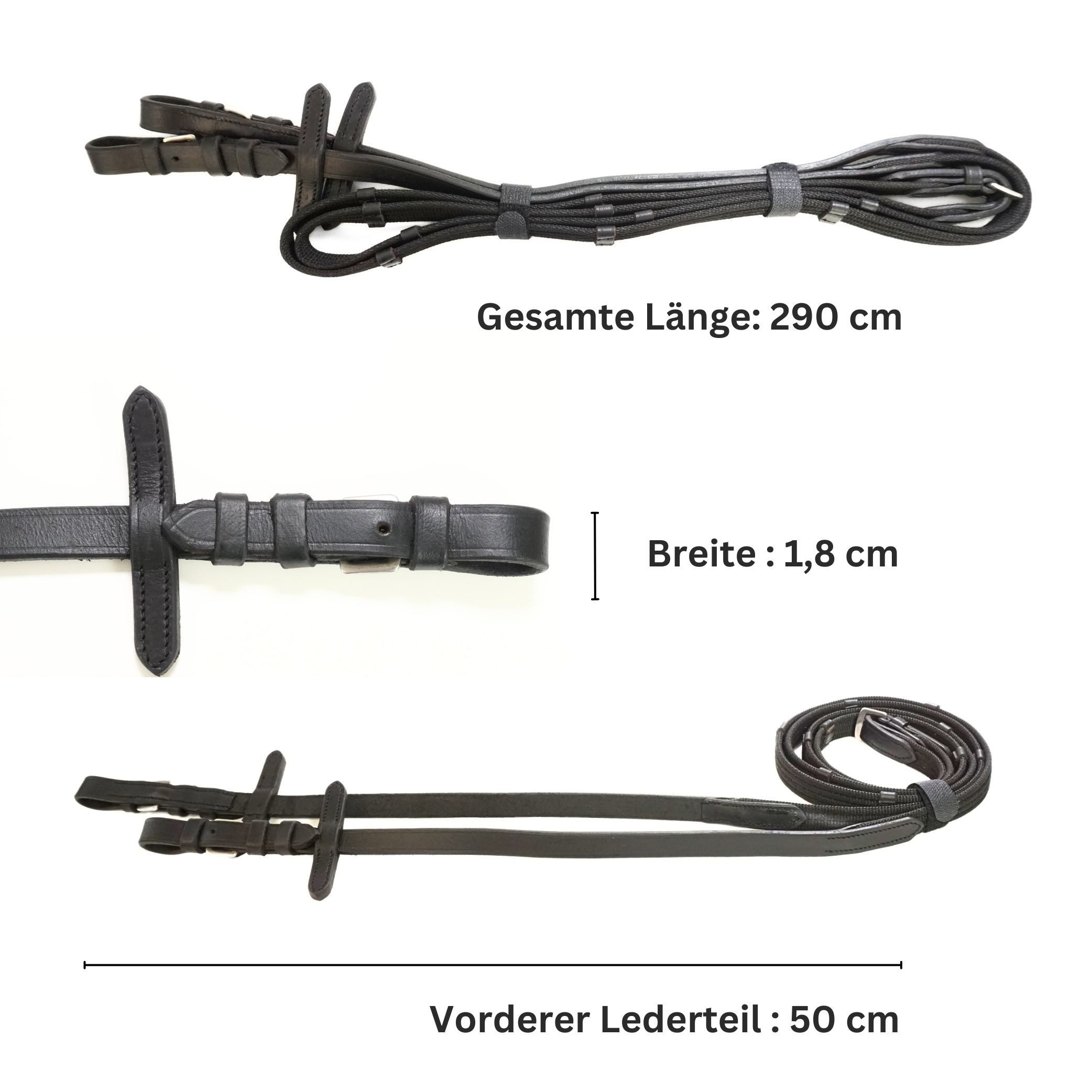 Pferdelinis Gurtzügel Trensen Zügel für Pferde, langlebige Gurtzügel in Schwarz oder Braun, in den Farben Schwarz oder Braun, Breite: 18 mm, Länge: 2,90m
