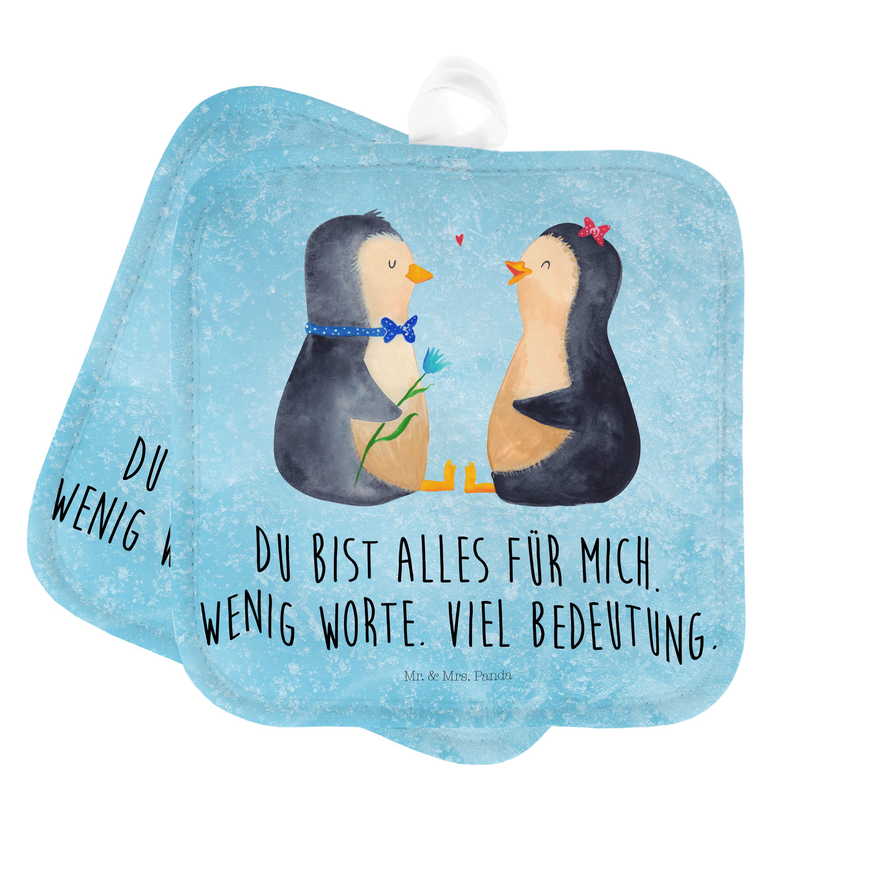 Mr. & Mrs. Panda Topflappen Pinguin Pärchen - Eisblau - Geschenk, Traumpaar, Topflappen mit Spruc, (1-tlg)