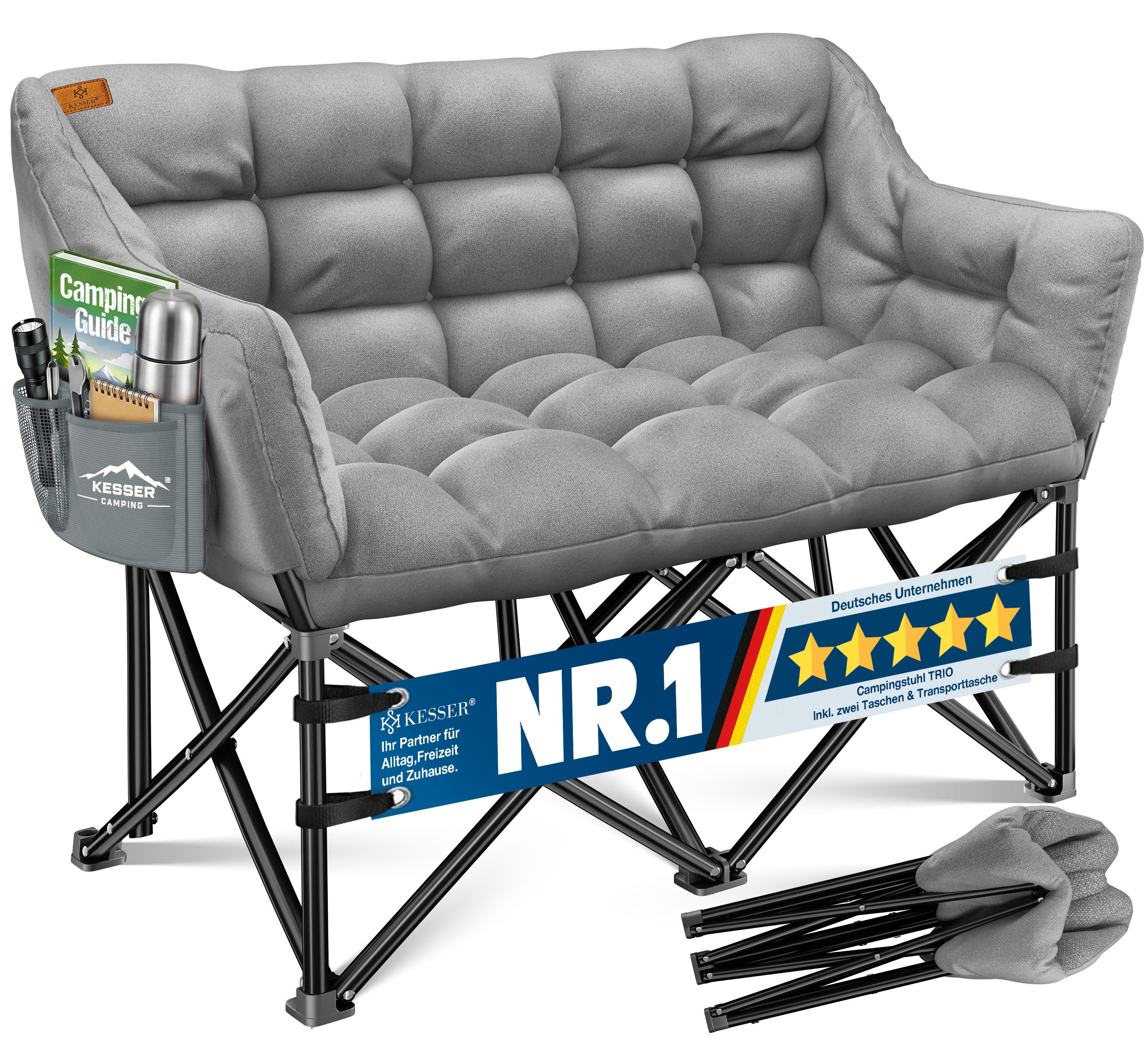 KESSER Campingstuhl für 3 Personen bis 400 kg, faltbar, gepolstert & breit, Indoor & Outdoor, inkl. Tasche & Seitentaschen
