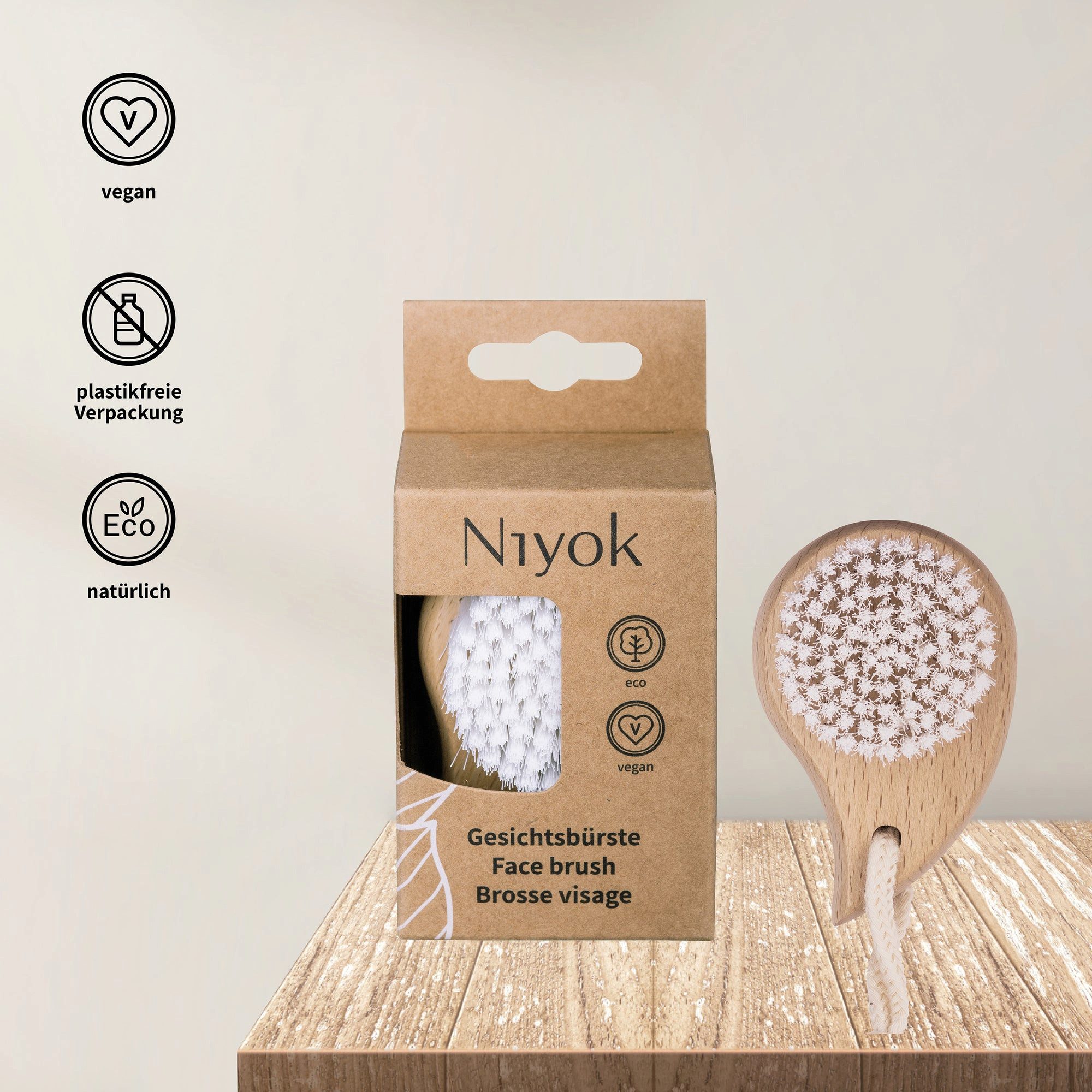 Niyok Gesichtsreinigungsbürste Niyok Gesichtsbürste, Holz, Trockenbürste & Peelingbürste, plastikfrei, Sanft, Nachhaltig, Langlebig