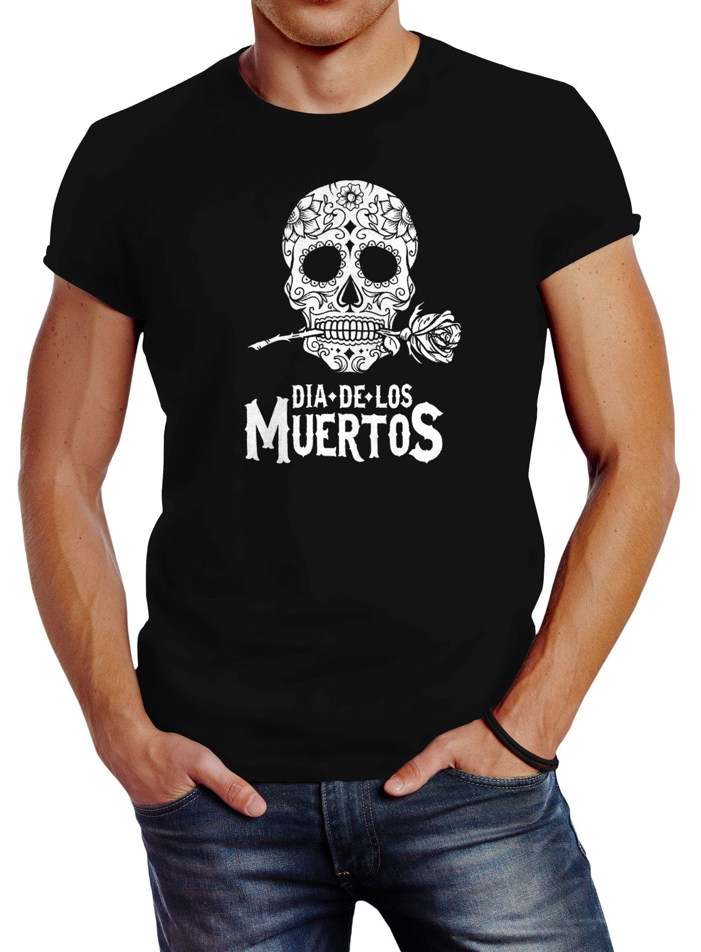 Neverless® Neverless Print-Shirt Sugar mit mit Print Herren Skull De T-Shirt Blumen Fit Slim Dia Muertos Los Totenkopf