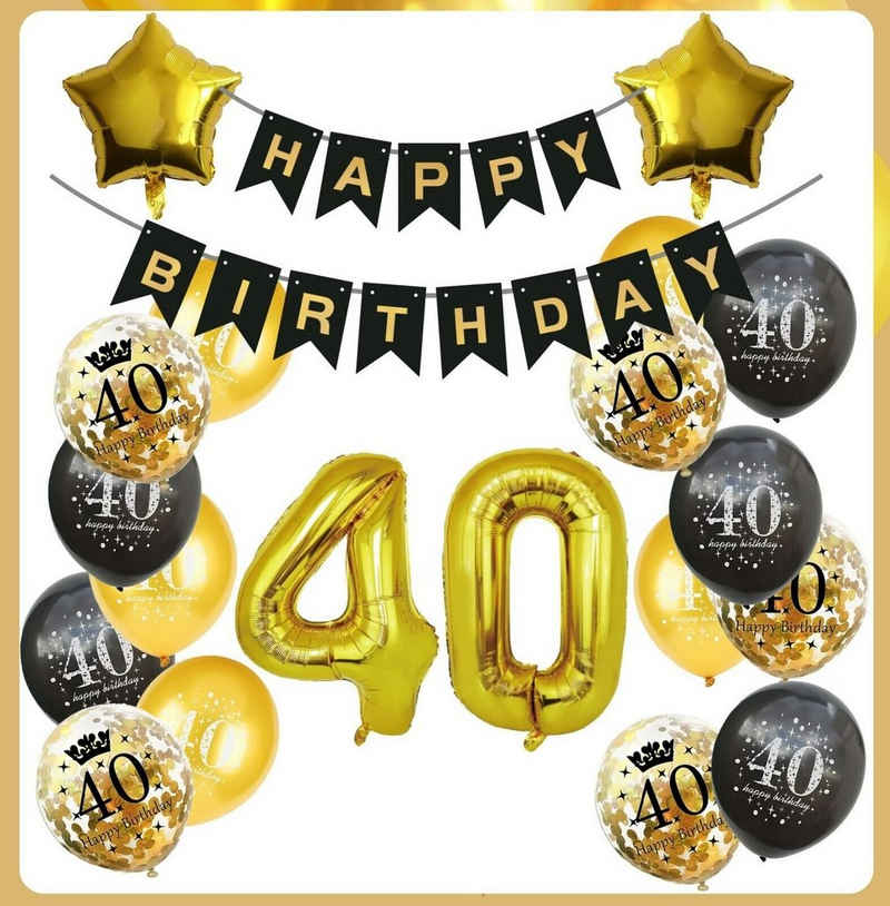 Montegoni Aufblasbares Partyzubehör 40 Geburtstag Deko Set Schwarz Gold, 20 Teilig Set: Girlande, Zahlen, Stern, Konfetti, Latex Ballons