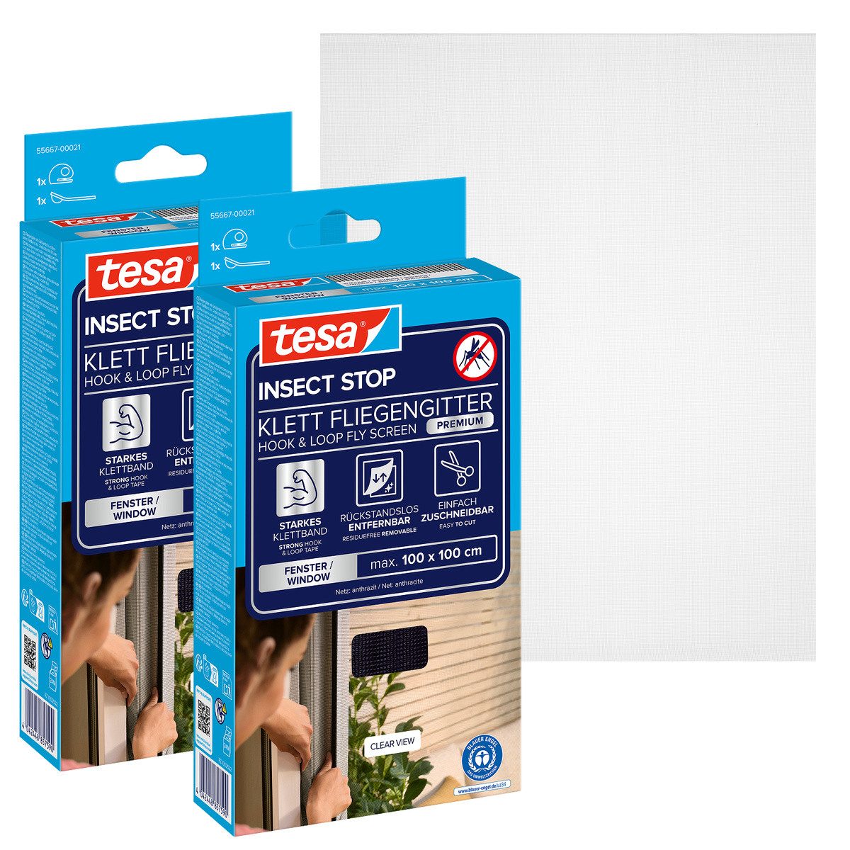 tesa Fliegengitter-Gewebe Klett Fliegengitter Premium für Fenster, Insektenschutz mit Klettband, (Packung, 2-St., Fliegennetz, Klettband, Andrück und Schneidehilfe), selbstklebende Insektenschutz 100 x 100cm