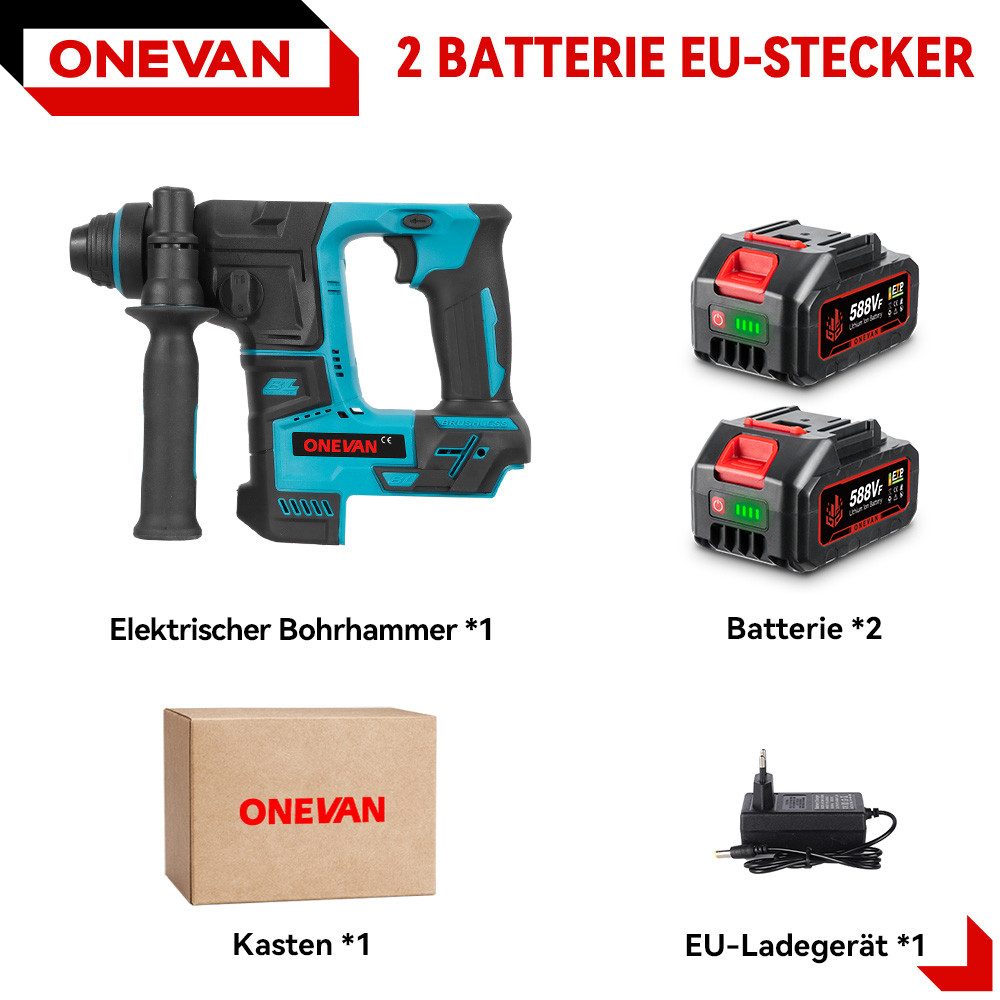 ONEVAN Akku-Bohrhammer Bürstenloser SDS-Plus Schlagbohrhammer mit 2x Akkus, günstig online kaufen