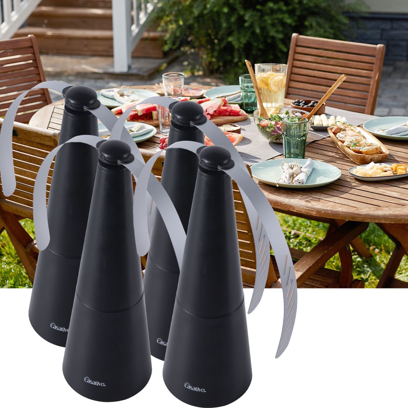 Casativo Fliegenwedler Akku-Fliegenvertreiber mit 2 Flügeln, ohne Chemie, Li-Ion Akku, 4-tlg., Hinstellen, Aufhängen auf Balkon, Terrasse, im Garten