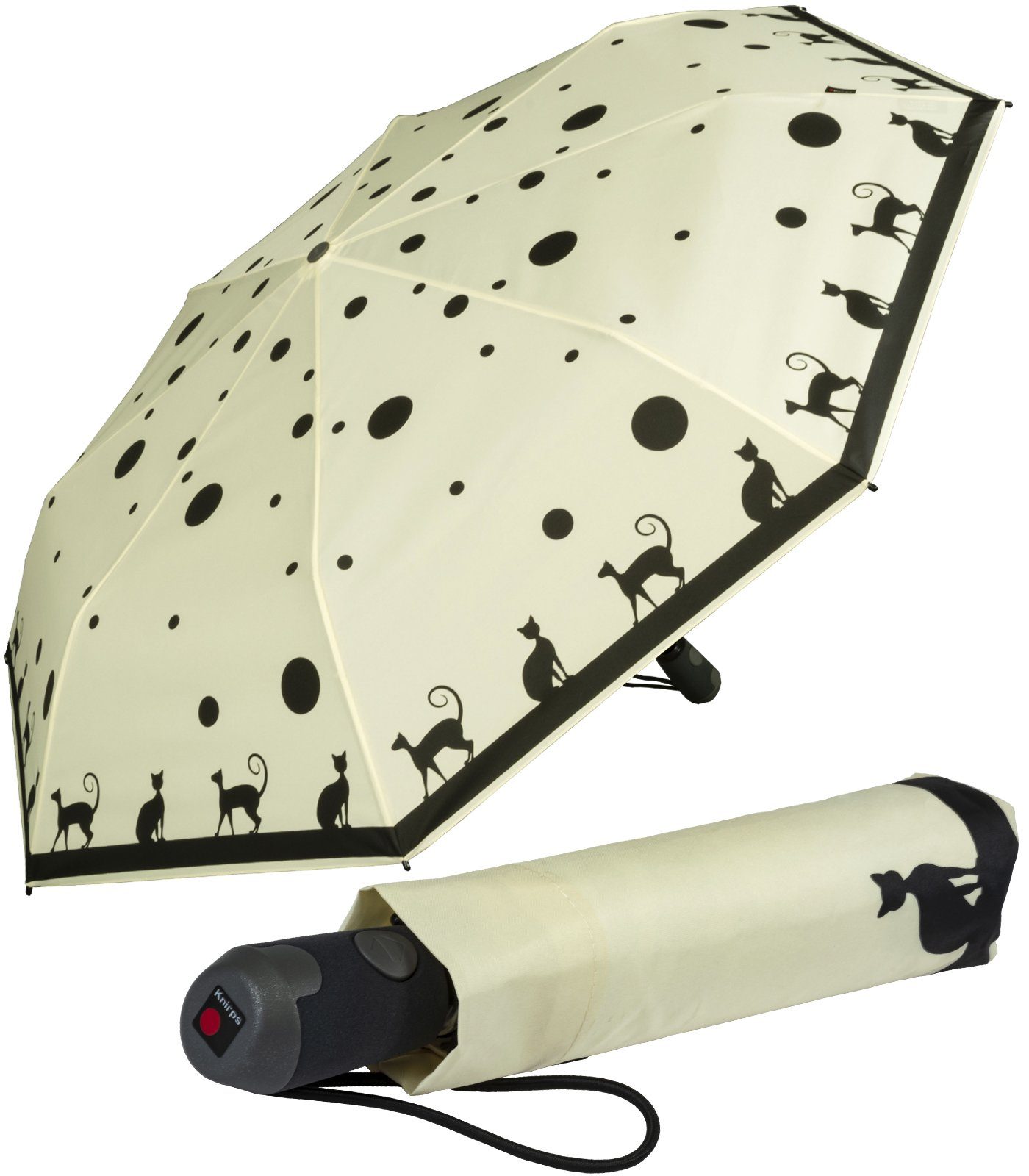 Knirps® Taschenregenschirm E.200 Duomatic mit leichtgängiger Auf-Zu-Automatik, Damen-Schirm mit schönem Katzen-Design