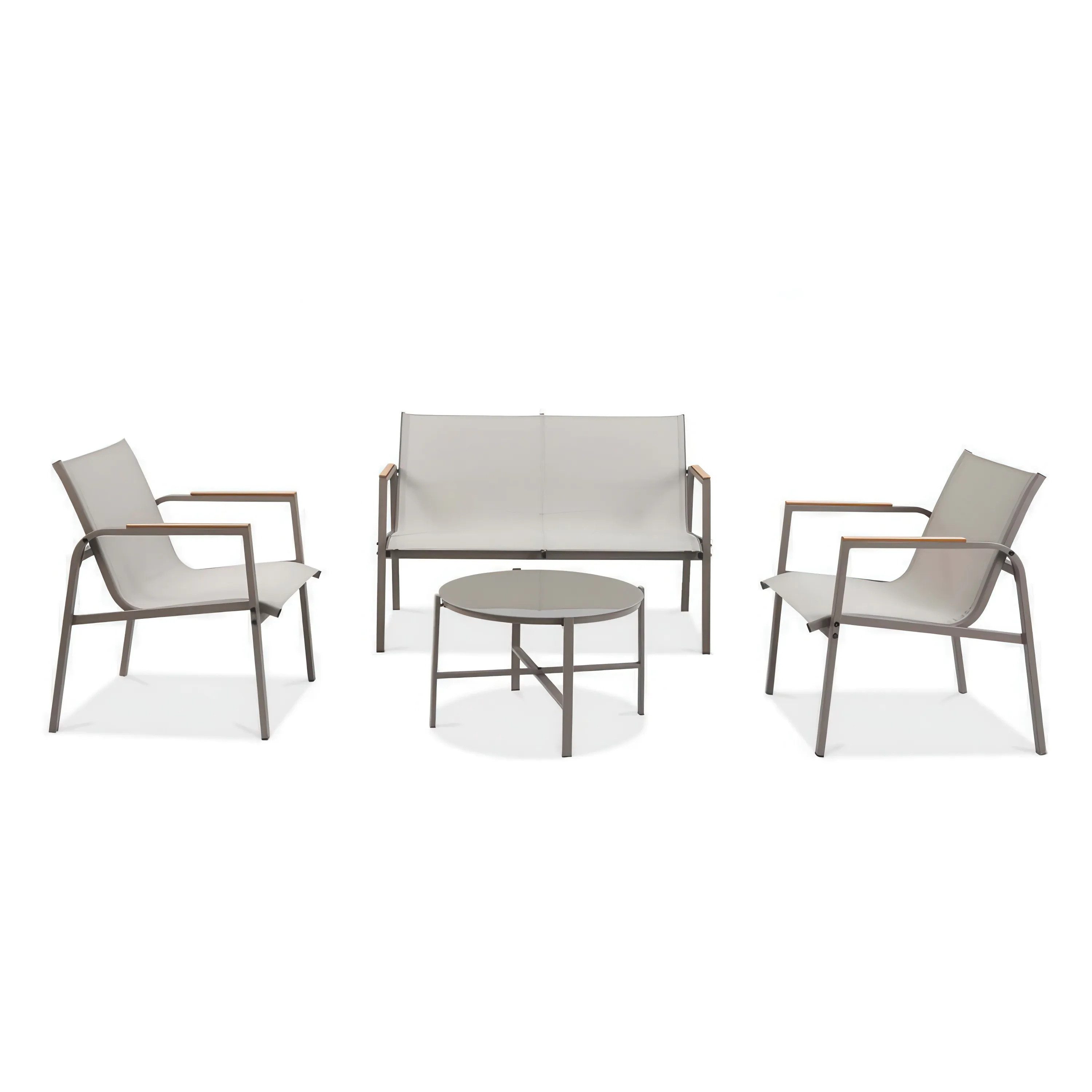 Focus Garden Gartenlounge-Set "MANGO COFFEE" mit 2 Stühlen, Doppelsitzer und runder Tisch, (4-tlg), Polywood Holz-Optik Armlehnen, Stahl, Textilene