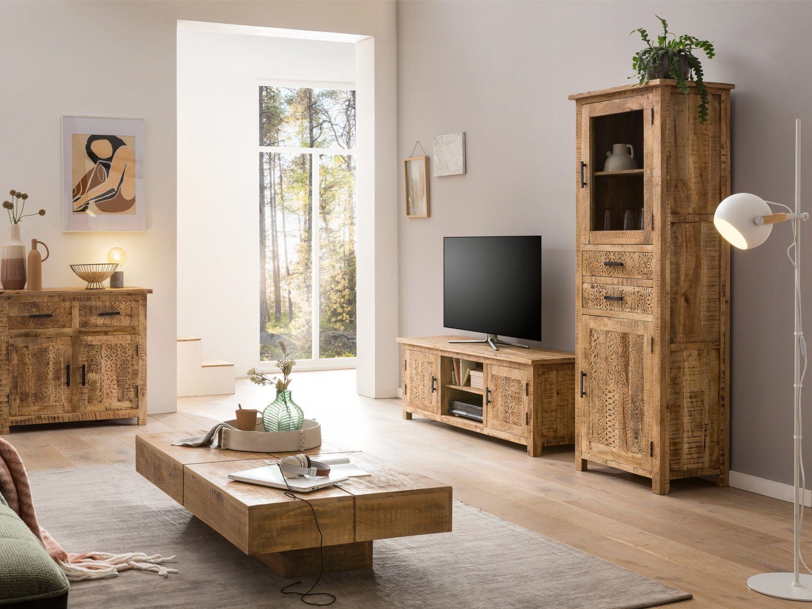 massivum Vitrine Mumbai, Wohnzimmer Hochschrank Massivholz (1-St)